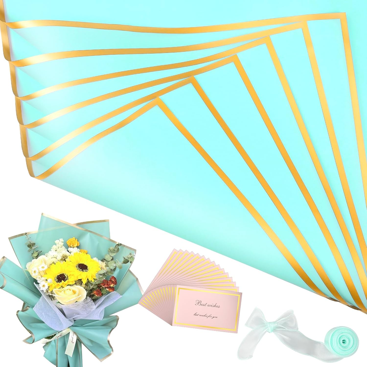 50 piezas de papel de regalo de flores verdes con borde dorado, papel de regalo coreano impermeable con 1 rollo de cinta y tarjetas de regalo, papel