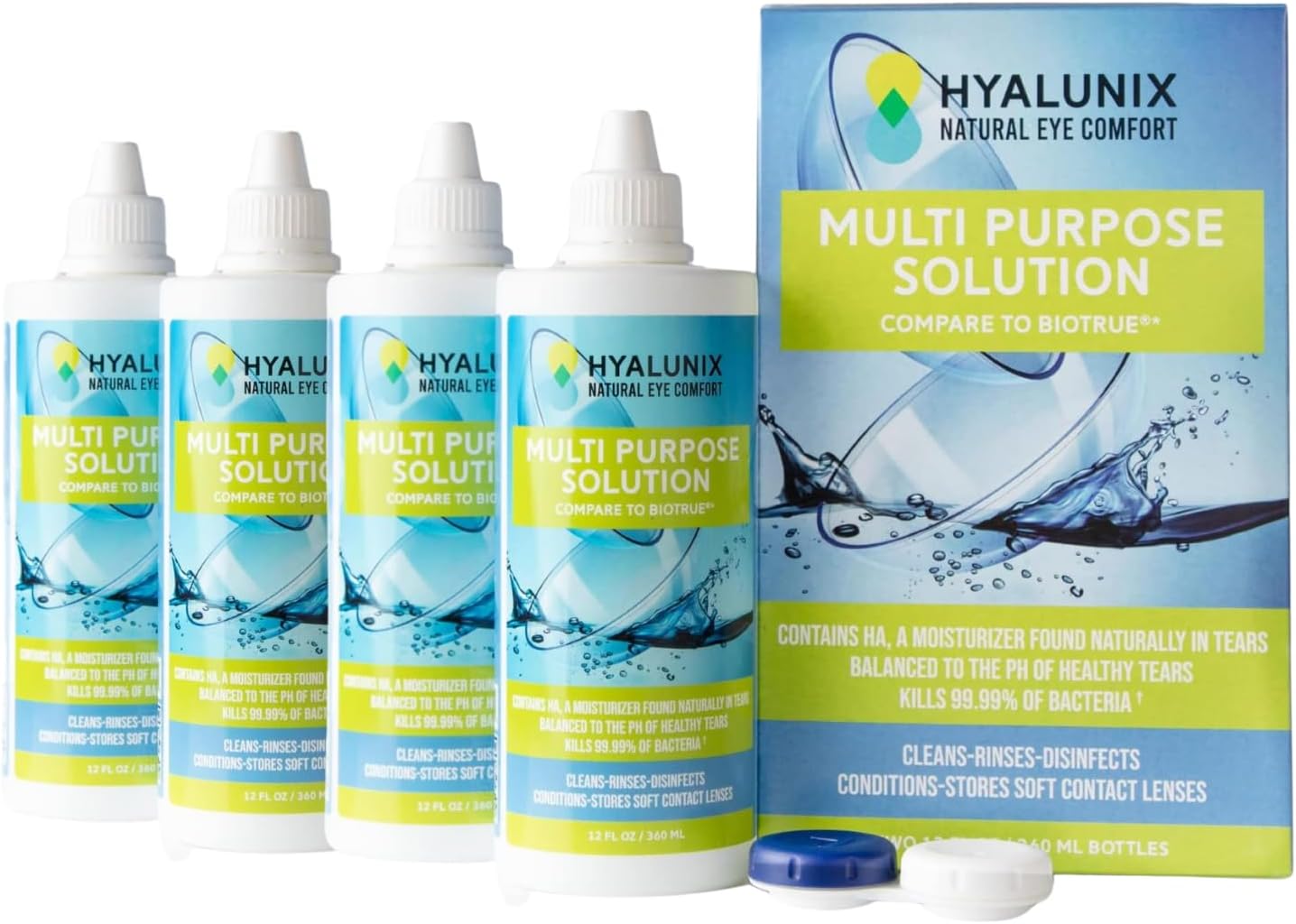 Hyalunix (4 unidades) 12 onzas líquidas  Solución de contacto multiusos para lentes de contacto  Hidratación mejorada para mayor comodidad,