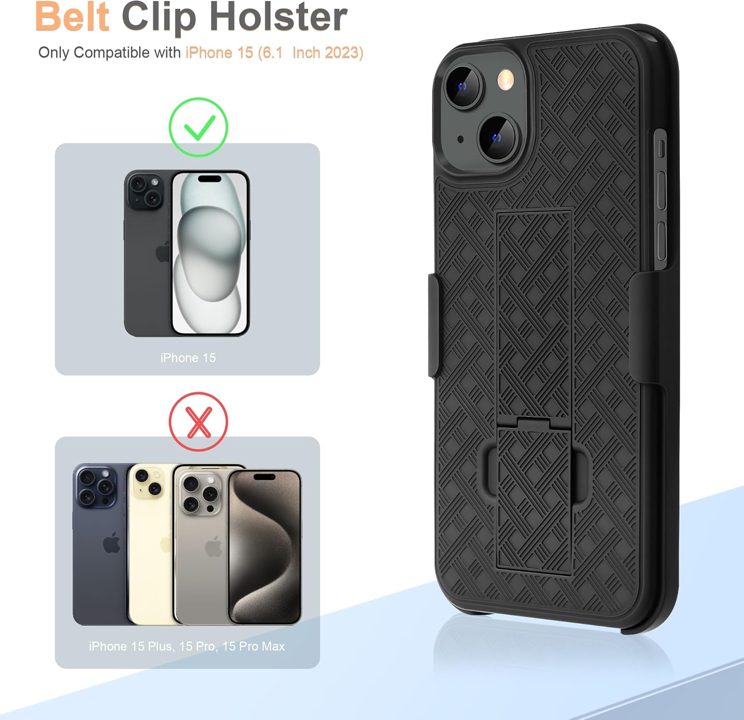 Fingic Funda para iPhone 15, iPhone 15 con clip para cinturón, funda delgada combinada con soporte giratorio para cinturón, funda protectora