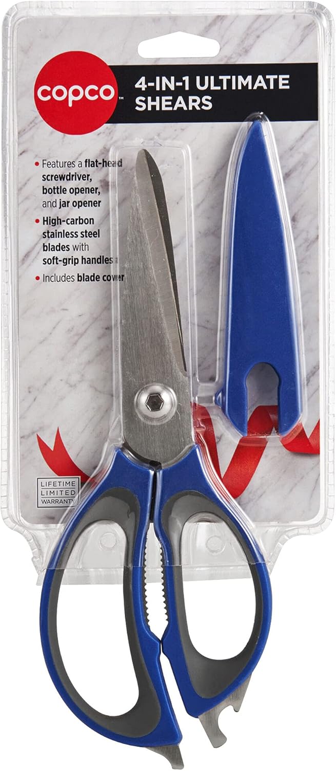 Copco Tijeras de cocina 4 en 1 de acero inoxidable de agarre suave con cubierta de cuchilla, 10.83 pulgadas, azul rey y gris