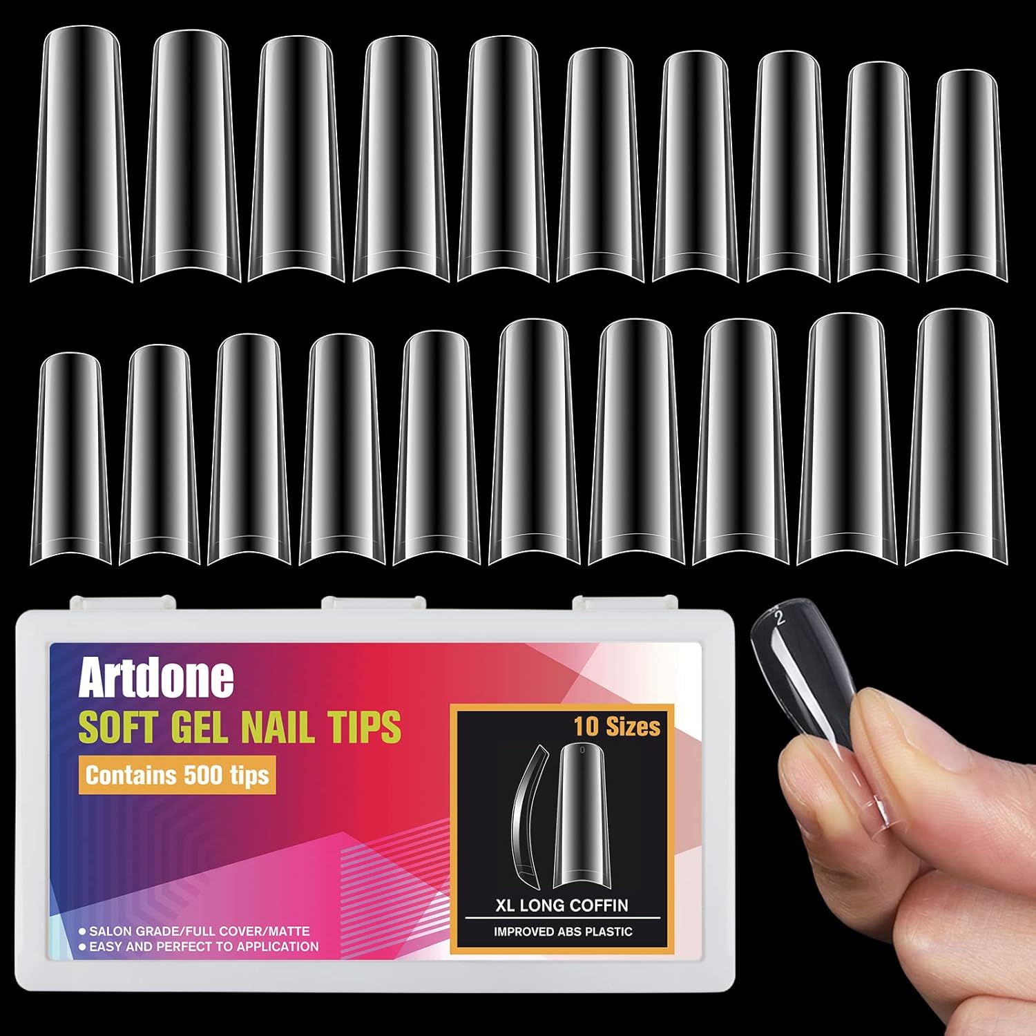 Artdone 500 puntas de uñas postizas XL largas de acrílico transparente de media cubierta larga para extensión de uñas, salones de uñas y kit de