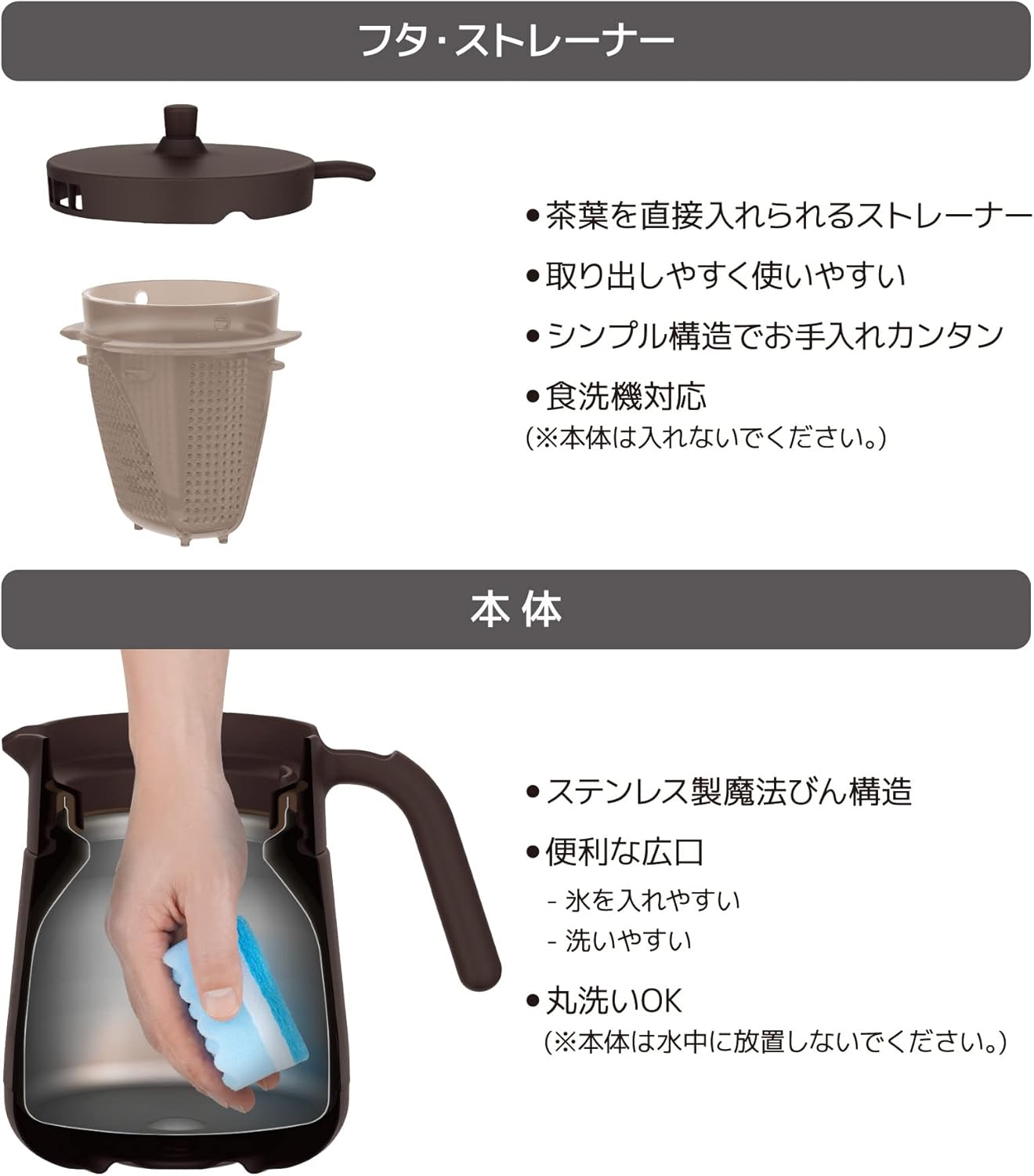 Thermos TTE-700 BW Vacuum Insulated Teapot with Strainer 23.7 fl oz (700 ml), Brown