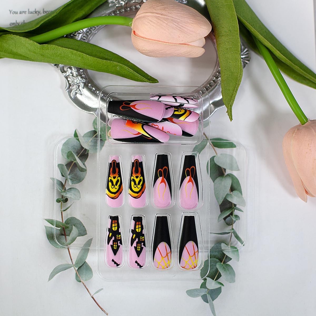 Uñas largas a presión para Halloween, uñas postizas de ataúd rosa, uñas adhesivas con diseño de casa fantasma, uñas postizas de murciélago, uñas