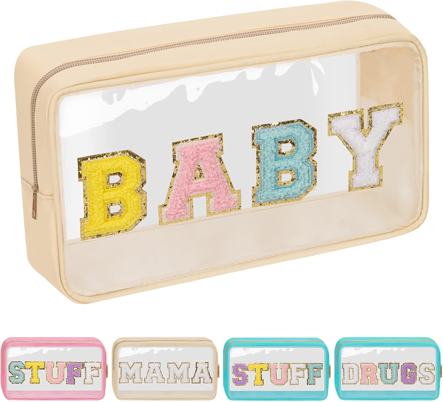 Iqimott Preppy Patch – Bolsa de maquillaje transparente para mujer, bolsa de cosméticos con letras de chenilla para viajes, Bebé-Beige, Viajes