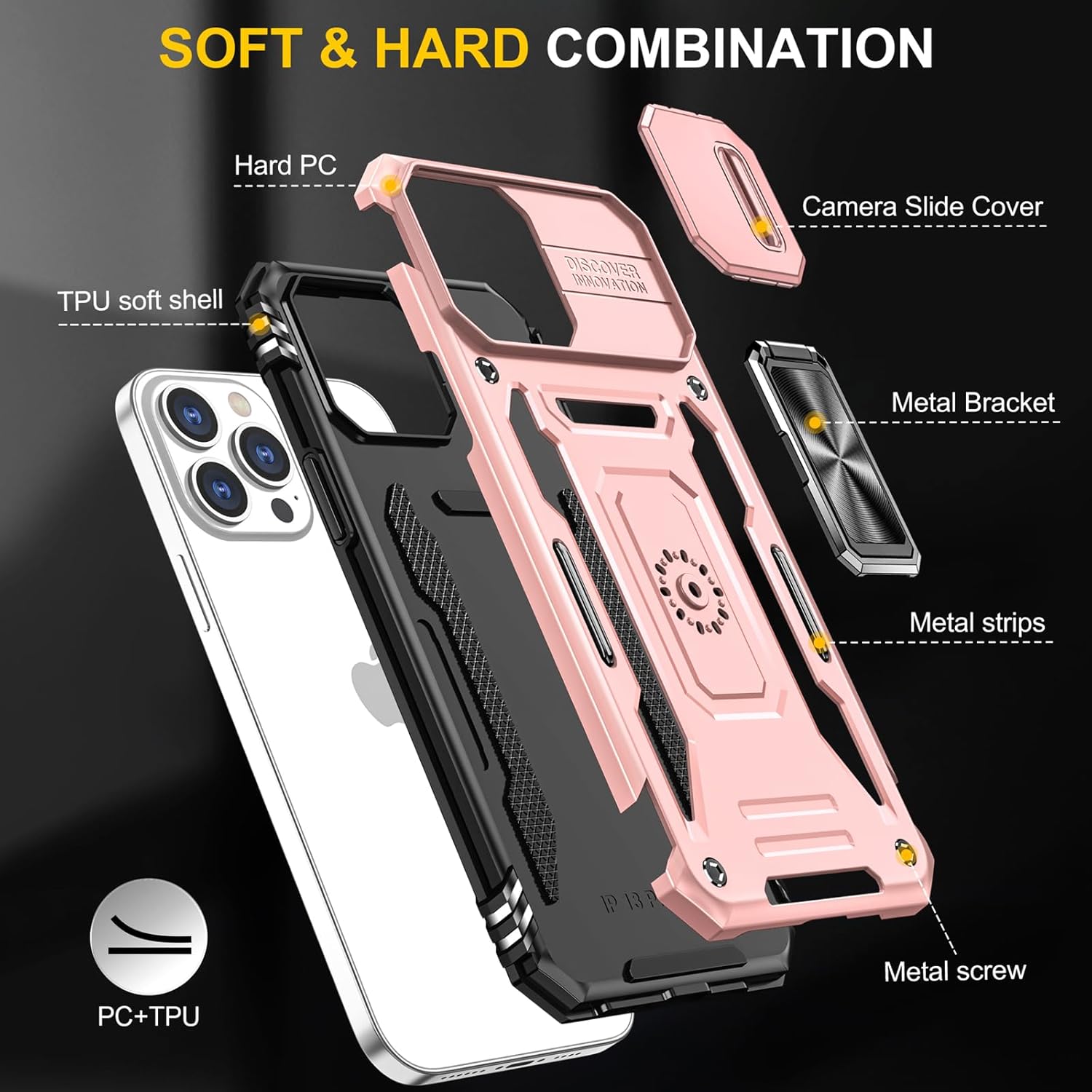Funda para iPhone 13 Pro Max con soporte y cubierta para cámara, soporte magnético de 2 capas, 2 capas a prueba de golpes, funda protectora para