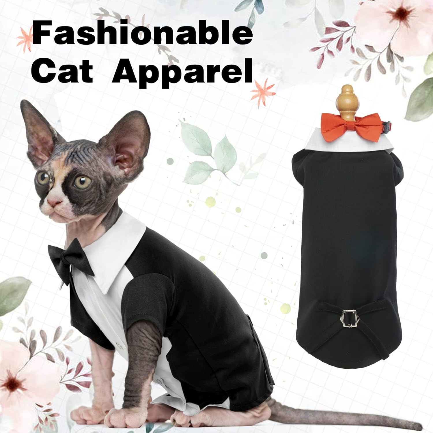 DENTRUN Traje de esmoquin de gato con dos corbatines, elegante camisa de gato, atuendo formal de gato, ropa de moda de gato sin pelo, atuendo formal