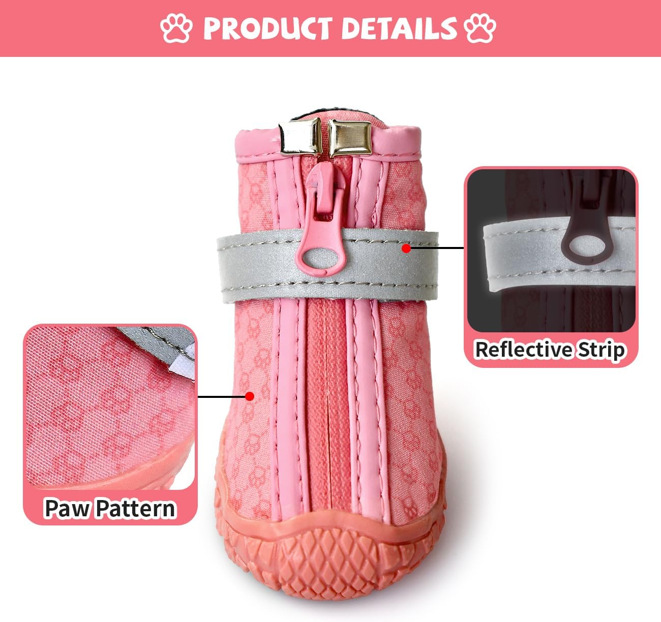 Zapatos rosas para perros pequeños, botas antideslizantes para perros con tiras reflectantes, protectores de patas de cachorro para exteriores,