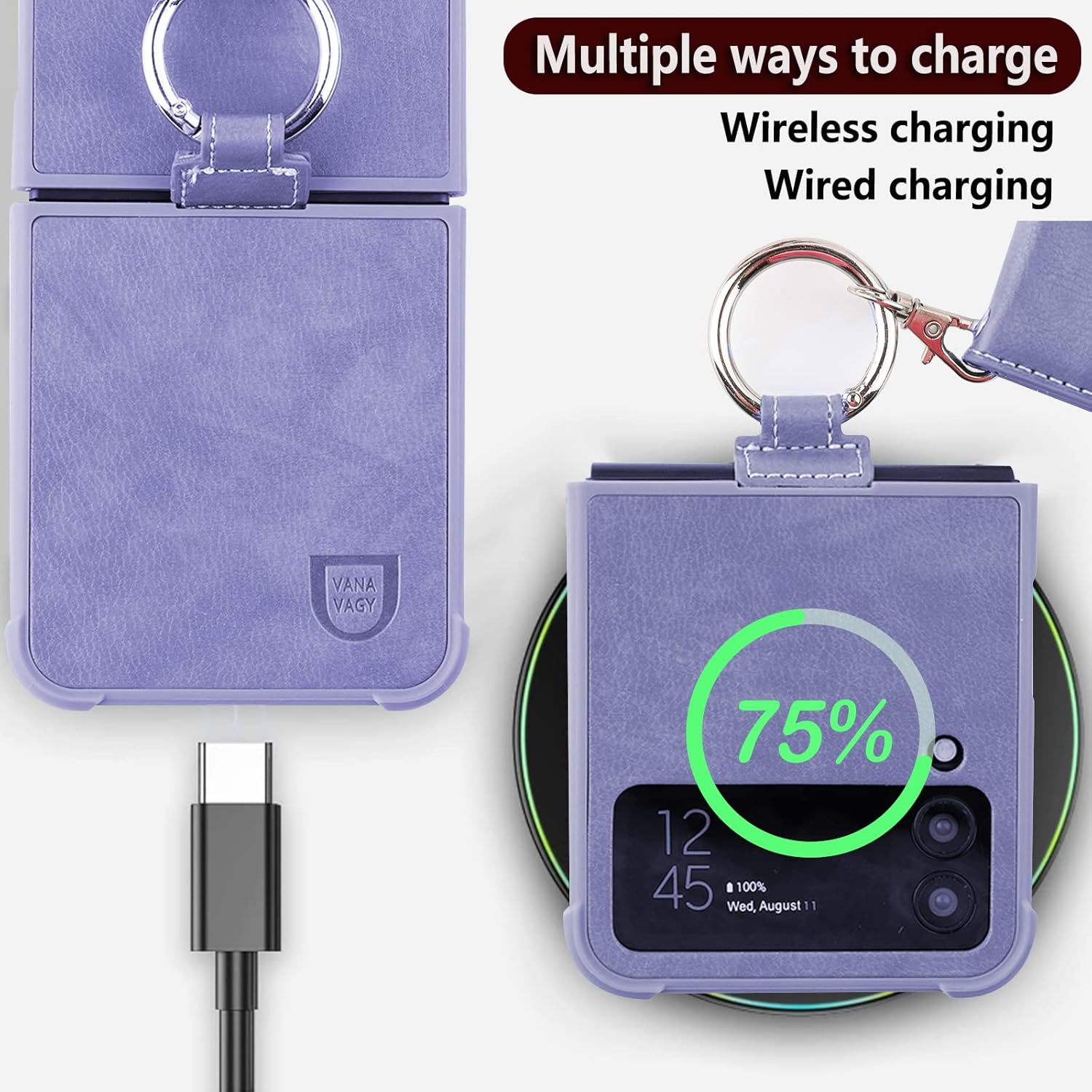 VANAVAGY Funda tipo cartera compatible con Samsung Galaxy Z Flip 4, funda de piel con tapa RFID con soporte para muñeca, carga inalámbrica con