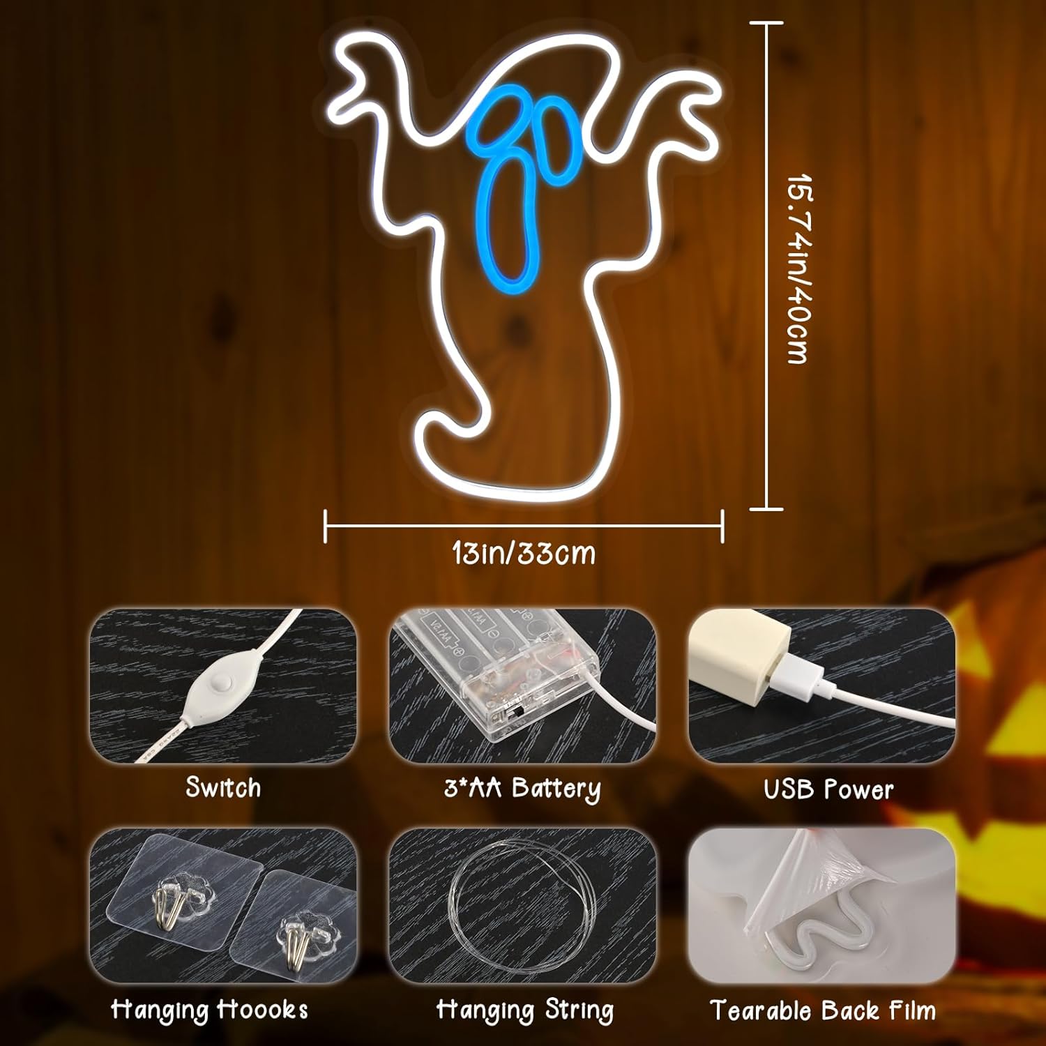 Letrero de neón de fantasma de Halloween con USB o funciona con pilas, decoración de pared de fiesta, luces colgantes de Halloween de brillo