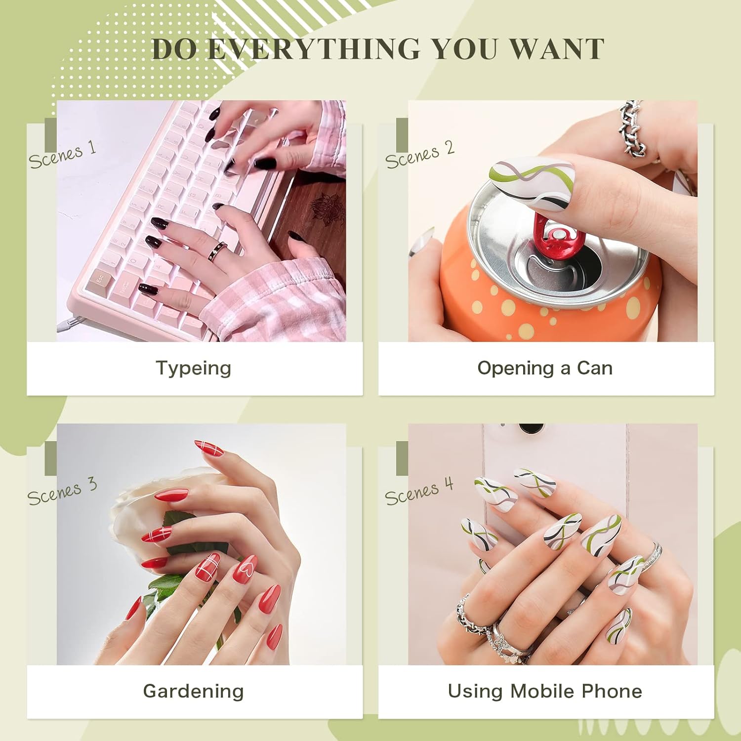 Uñas postizas a presión de almendra, medianas con diseños, uñas acrílicas, uñas postizas naturales y reutilizables con pegamento, uñas adhesivas