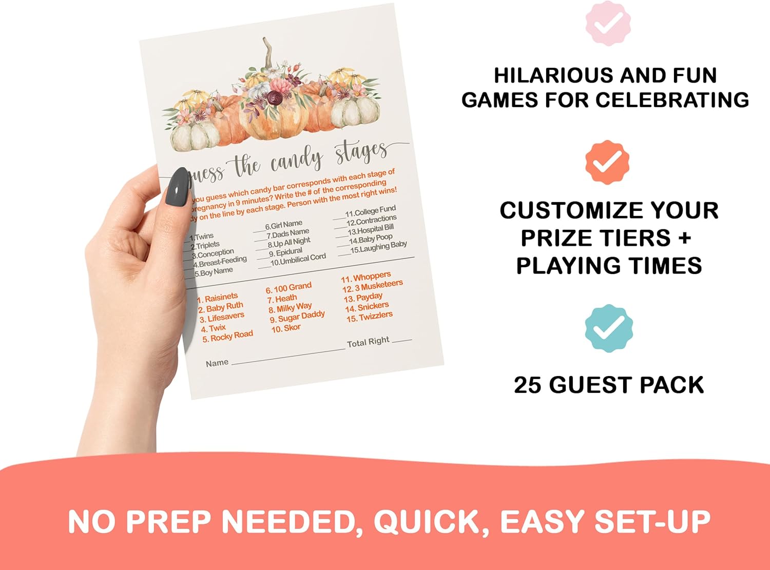 Paper Clever Party Juego de calabaza Baby Shower Game Match The Candies tarjetas de actividad, floral y calabaza, juego de 4 x 6, paquete de 25