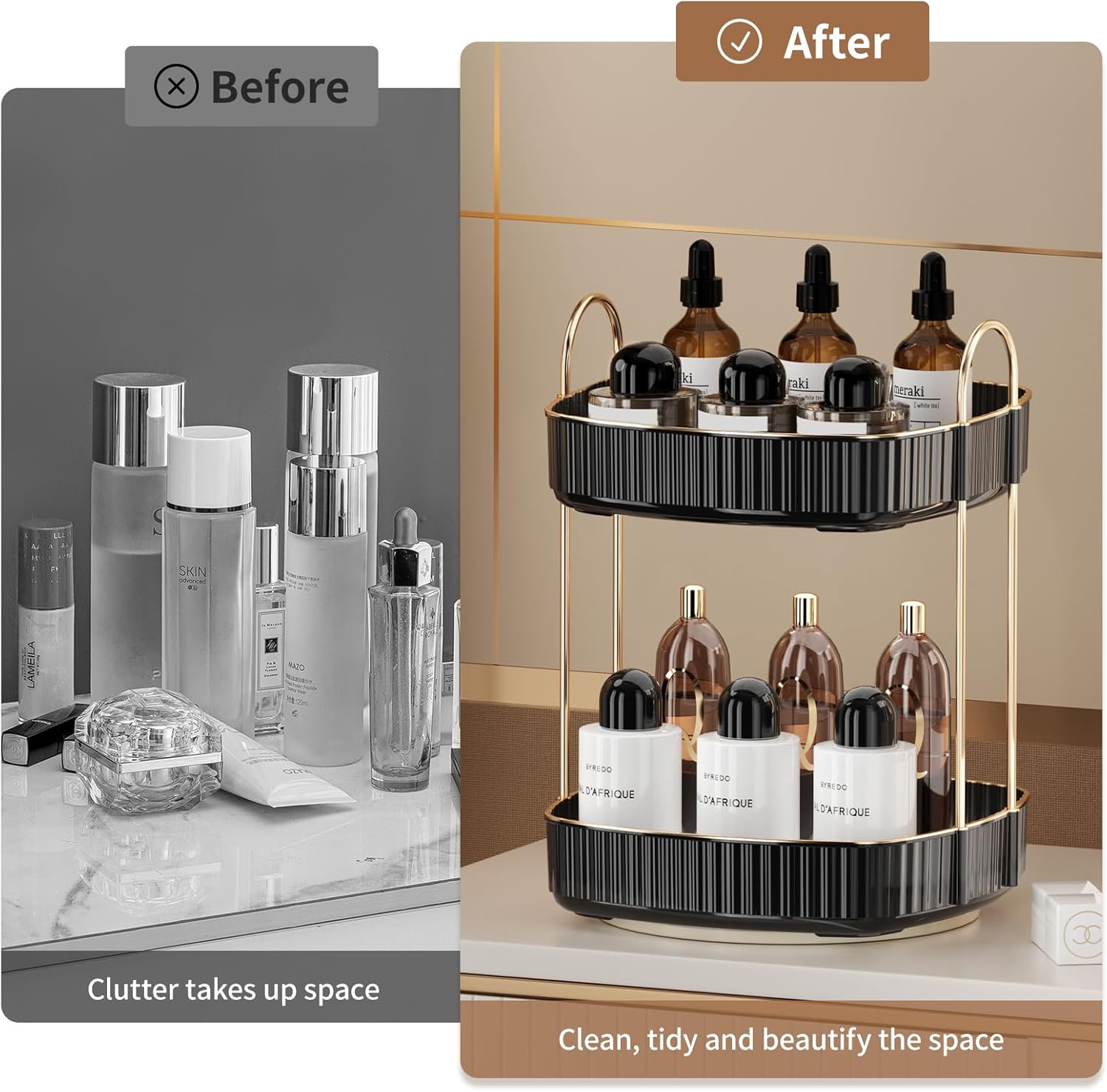 Organizador de maquillaje giratorio de 360 para tocador, organizador de cuidado cosmético de la piel de 2 niveles, organizador de tocador de