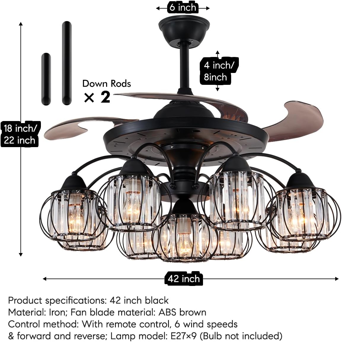 A Million Ventiladores de techo con luces, moderno ventilador de techo rústico de 42 pulgadas negro con motor silencioso reversible de 6 velocidades