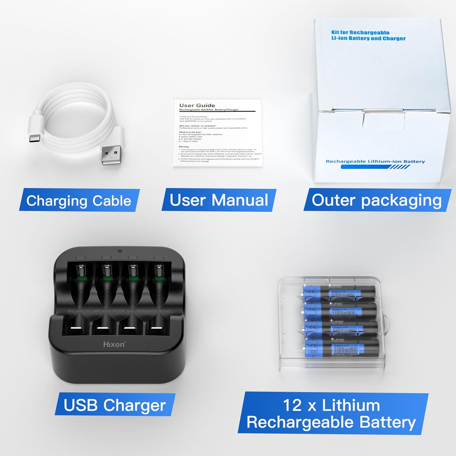 Baterías de litio recargables AAA con cargador, Hixon 1100 mWh de alta capacidad triple AAA recargable, 1600 ciclos, baterías recargables constantes