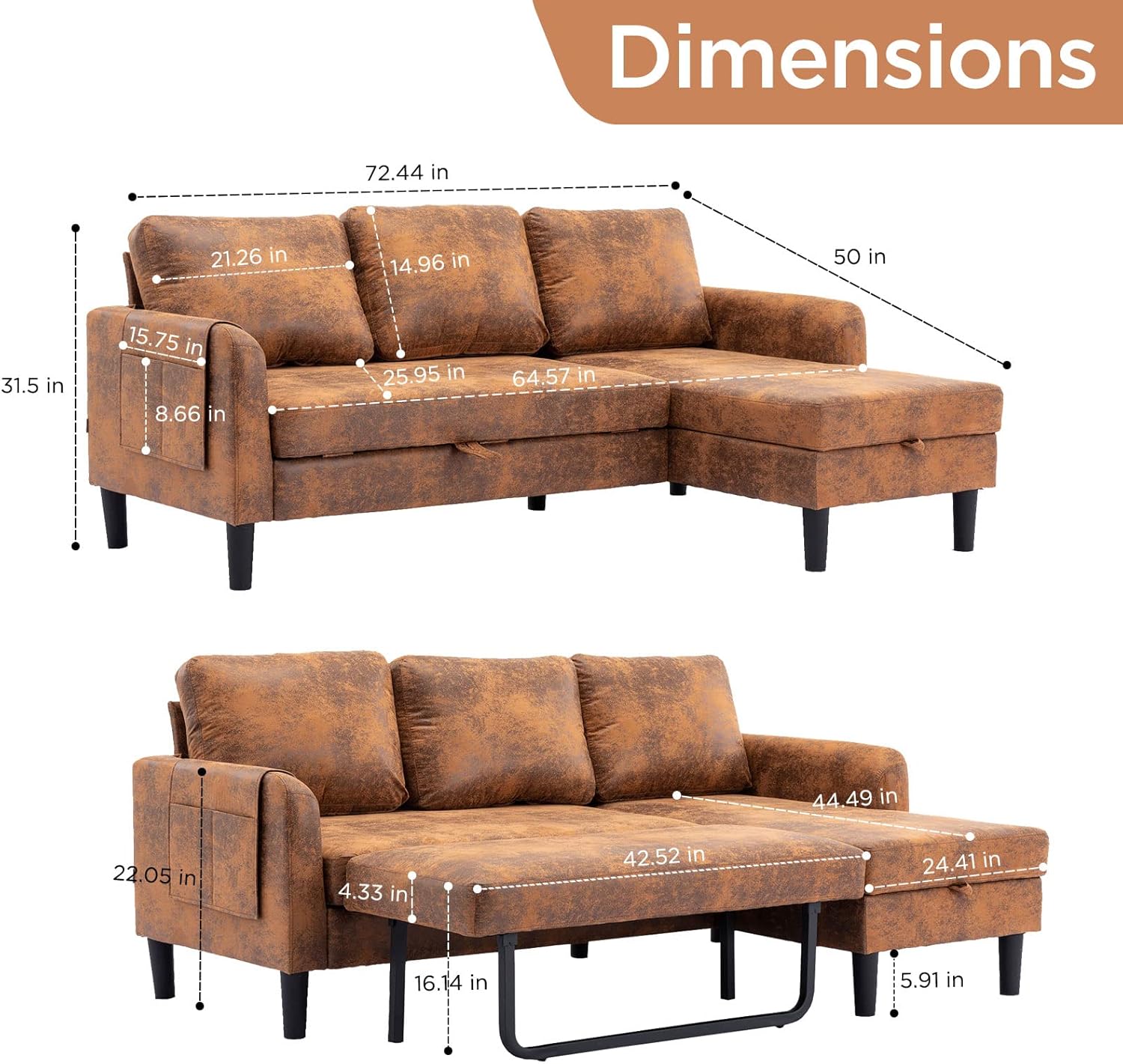 Akrenar Sofá modular reversible con almacenamiento, moderno y acogedor sofá en forma de L, sofás seccionales para sala de estar, dormitorio,