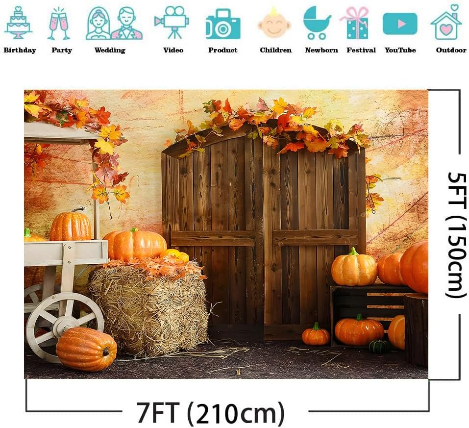Fondo de otoño de 7 x 5 pies para fotos de Acción de Gracias, calabaza, hojas de arce, granero, cosecha de otoño, suministros de fiesta de Acción de