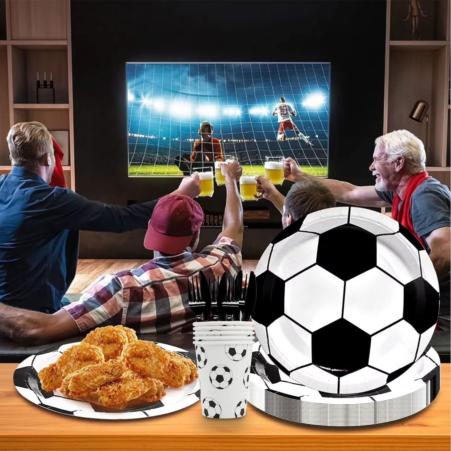 Suministros de fiesta de fútbol, 120 piezas de vajilla para fiesta de cumpleaños de fútbol, incluye platos de papel de fútbol, servilletas, tazas y