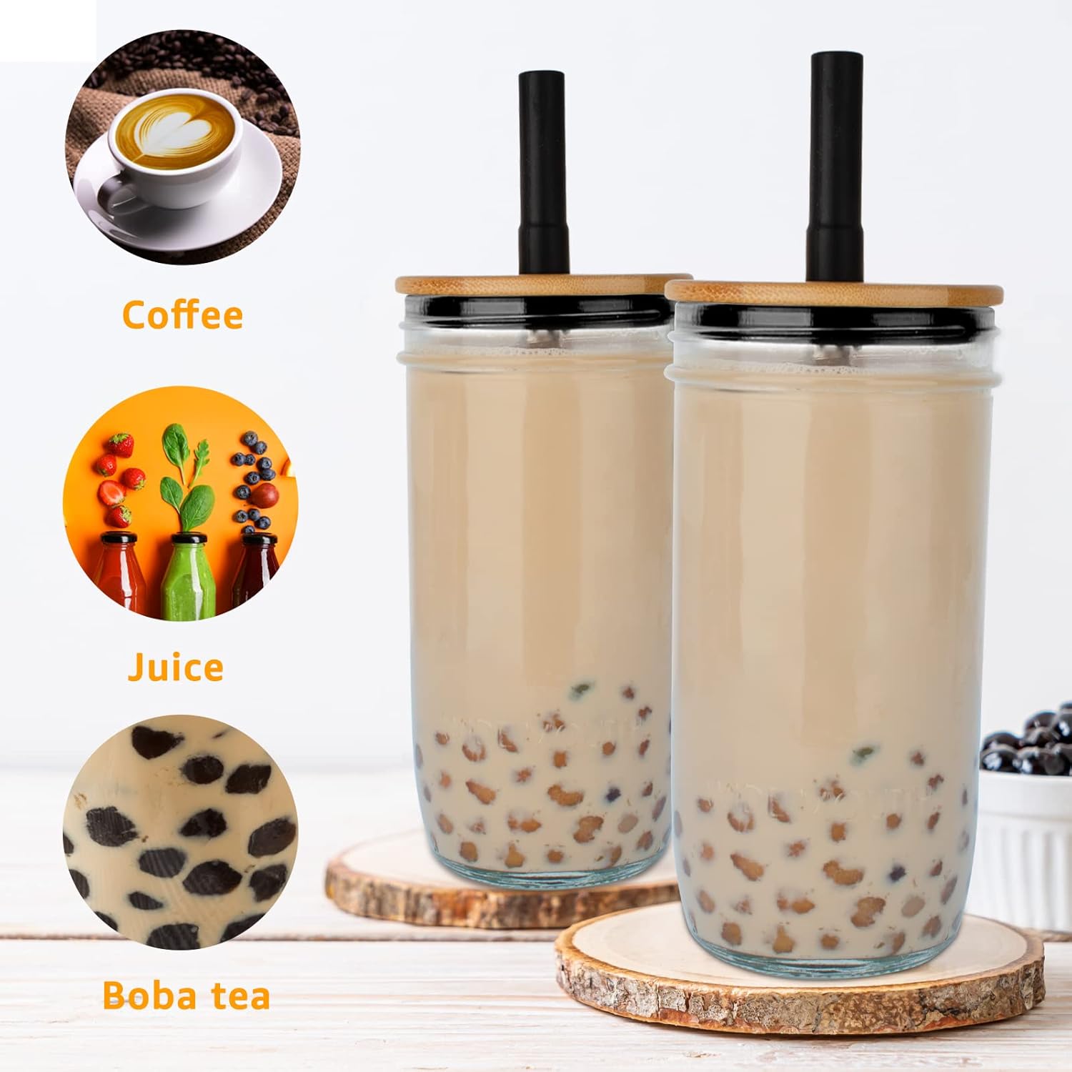 Tronco Juego de 2 vasos de vidrio, vasos de boca ancha de 24 onzas con tapas y popotes de bambú, bonita botella Boba, vasos de café helado, vaso de