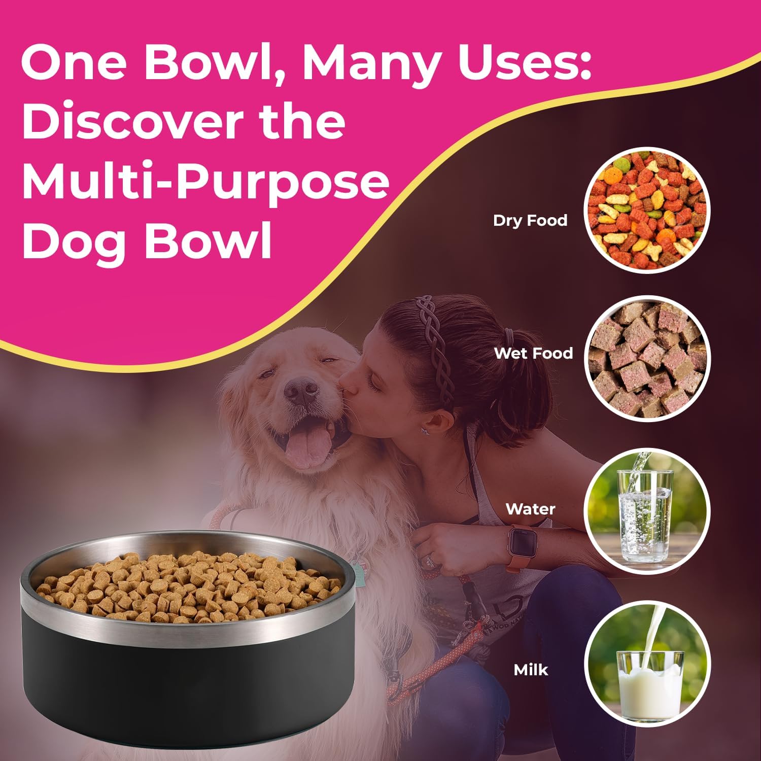 Cuenco blanco para perros de 32 onzas de 4 tazas, tazón de acero inoxidable de doble pared para mascotas, cuenco aislado al vacío, tazón