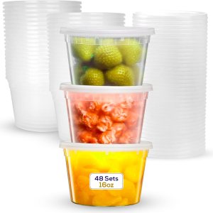 Recipientes de almacenamiento de plástico con tapas paquete de 48 de 16 onzas Contenedores de alimentos reutilizables para el hogar y negocios Recipientes de almacenamiento de plástico con tapas paquete de 48 de 16 onzas Contenedores de alimentos reutilizables para el hogar y negocios