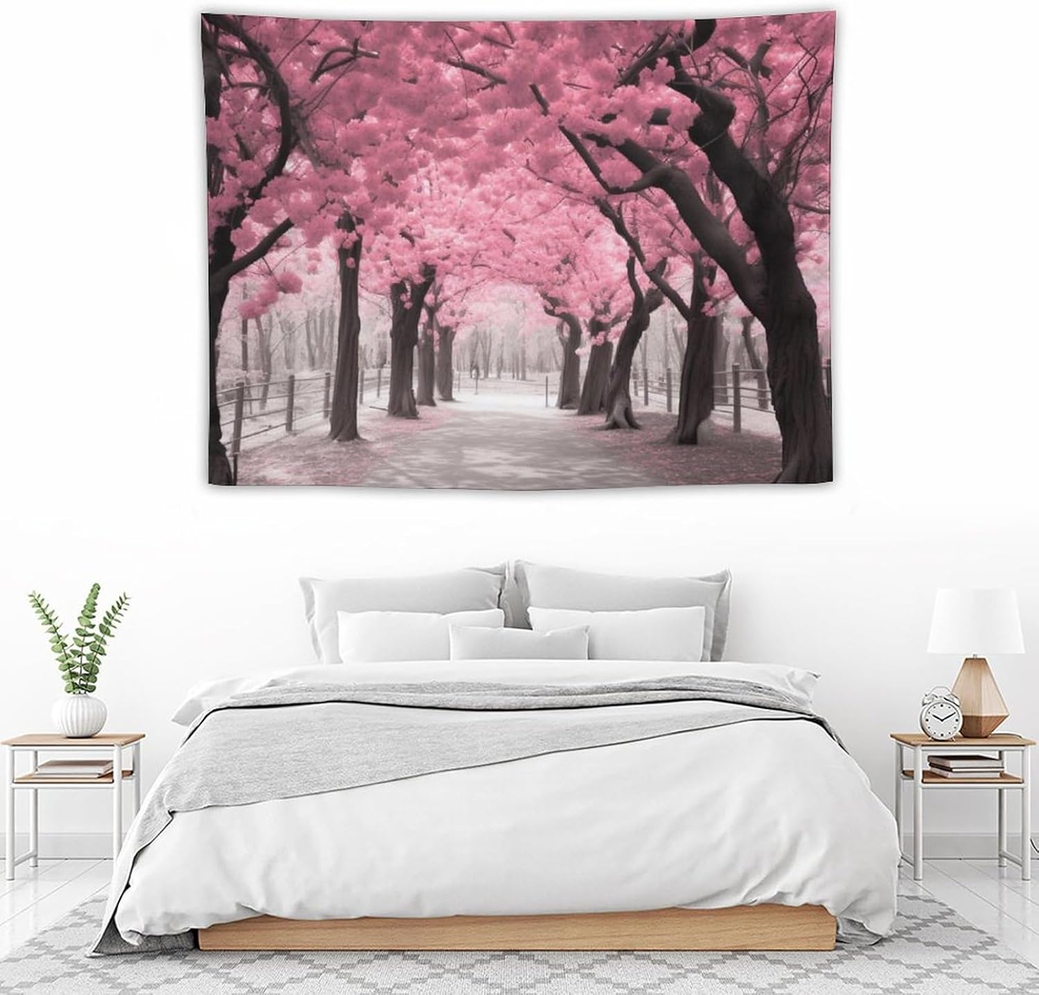 BAHELS Tapiz de bosque floral rosa para decoración del hogar, flores de cerezo de primavera, tapiz de paisaje de flores francesas, tapiz para colgar
