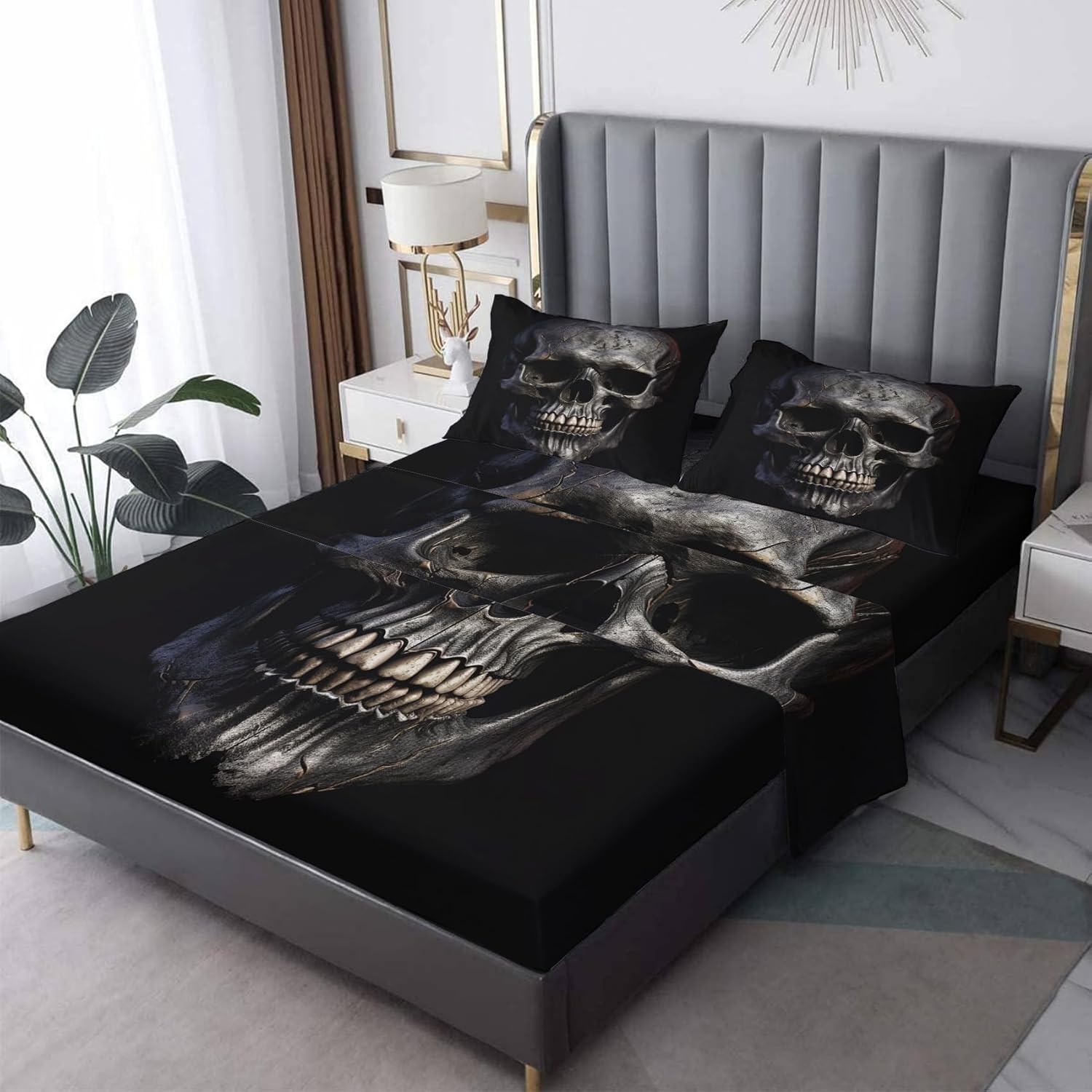 Sábanas de calavera tamaño Queen, sábanas y fundas de almohada con patrón de esqueleto gótico, bolsillo profundo de 16 pulgadas, juego de sábanas