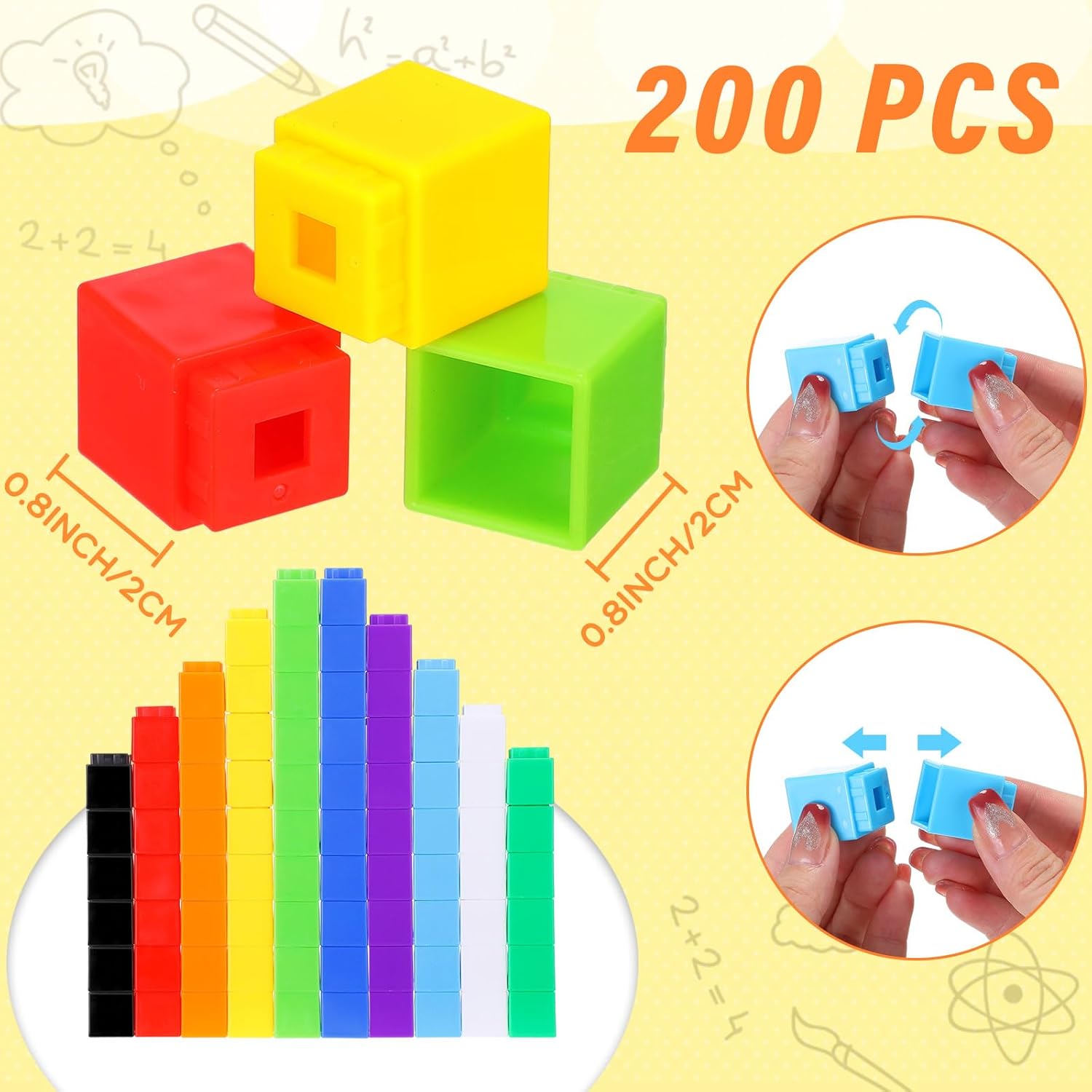 Jenaai 200 cubos de enlace para contar, bloques de conteo de plástico, cubos de matemáticas coloridos, manipuladores de matemáticas, suministros de