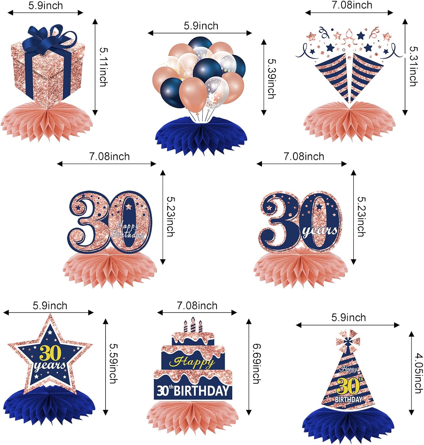 Turypaty Decoraciones de 30 cumpleaños color oro rosa, azul marino, centros de mesa de panal de abeja, 8 piezas de centros de mesa de cumpleaños de