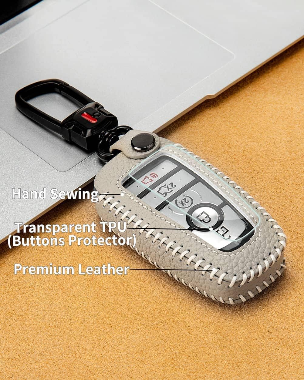 Funda de cuero para llavero Ford con llavero, funda protectora de cuero para llave inteligente de automóvil compatible con Bronco Escape Mustang