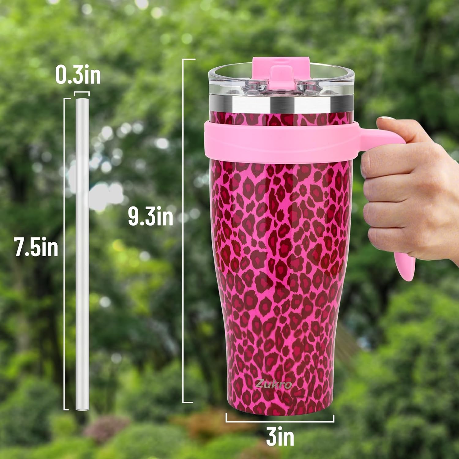 Zukro Vaso de 40 onzas con popote abatible y asa, a prueba de fugas de acero inoxidable aislado al vacío con tapa 2 en 1, cabe en el soporte para