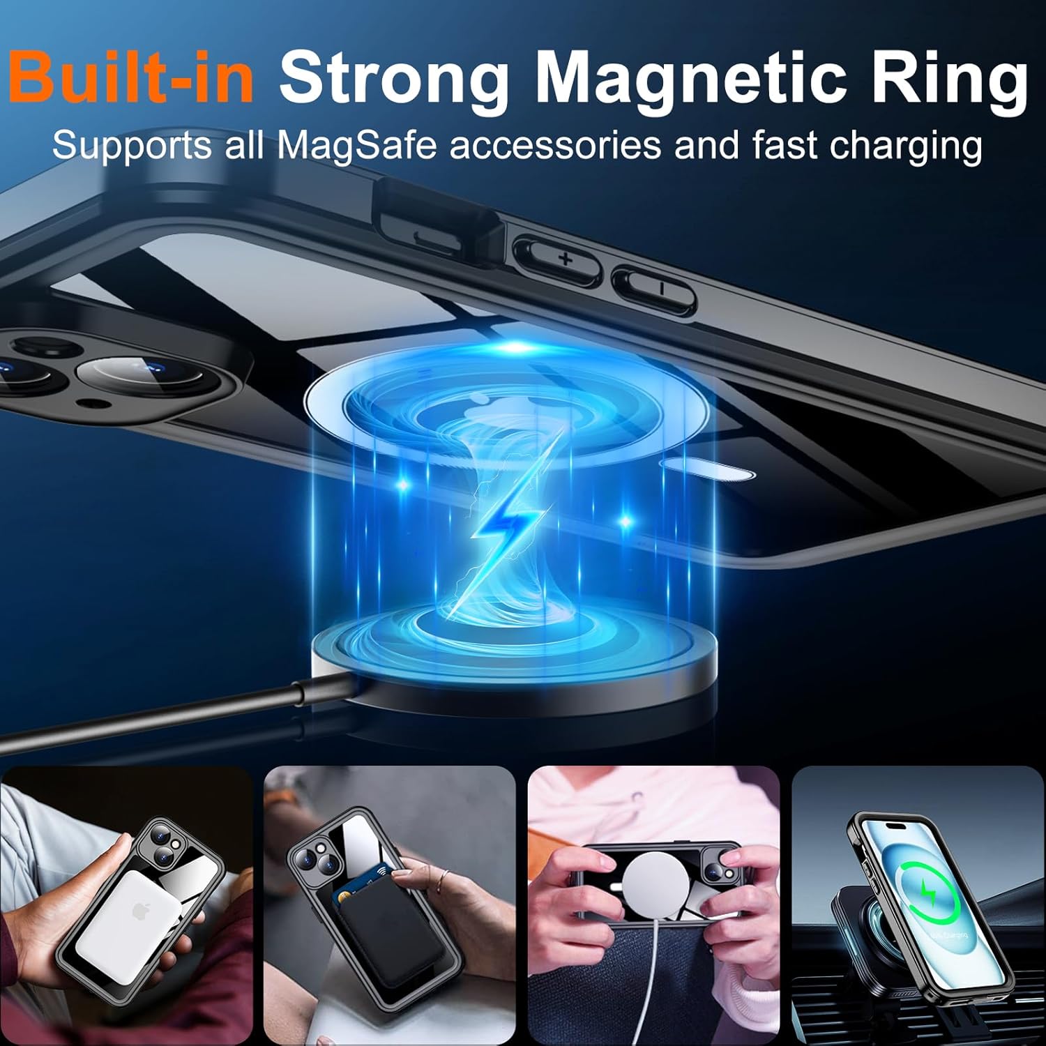 Funda magnética para iPhone 15 impermeable, protector de pantalla integrado y protector de cámara de vidrio templado, IP68 bajo el agua, a prueba de