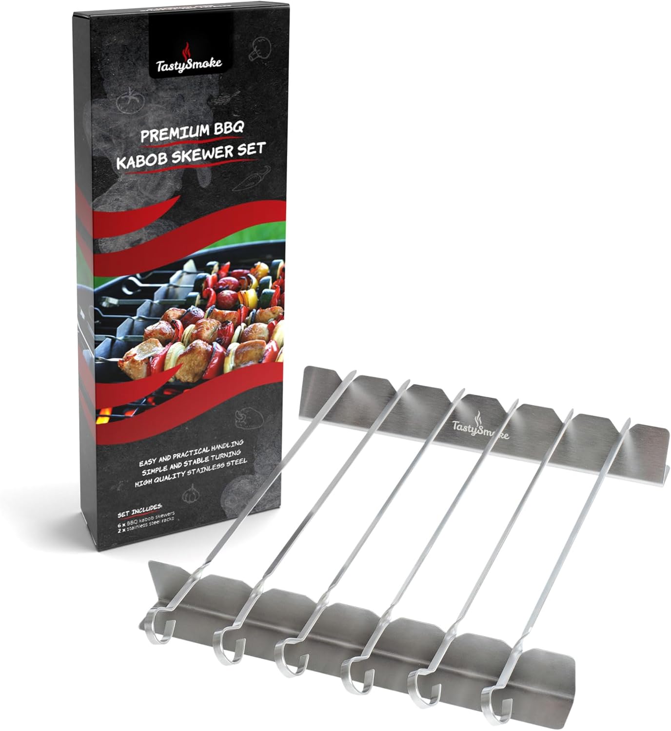 Tastysmoke Brochetas de alta calidad para brochetas y parrilla con estante  6 pinchos planos largos de acero inoxidable  Brochetas reutilizables