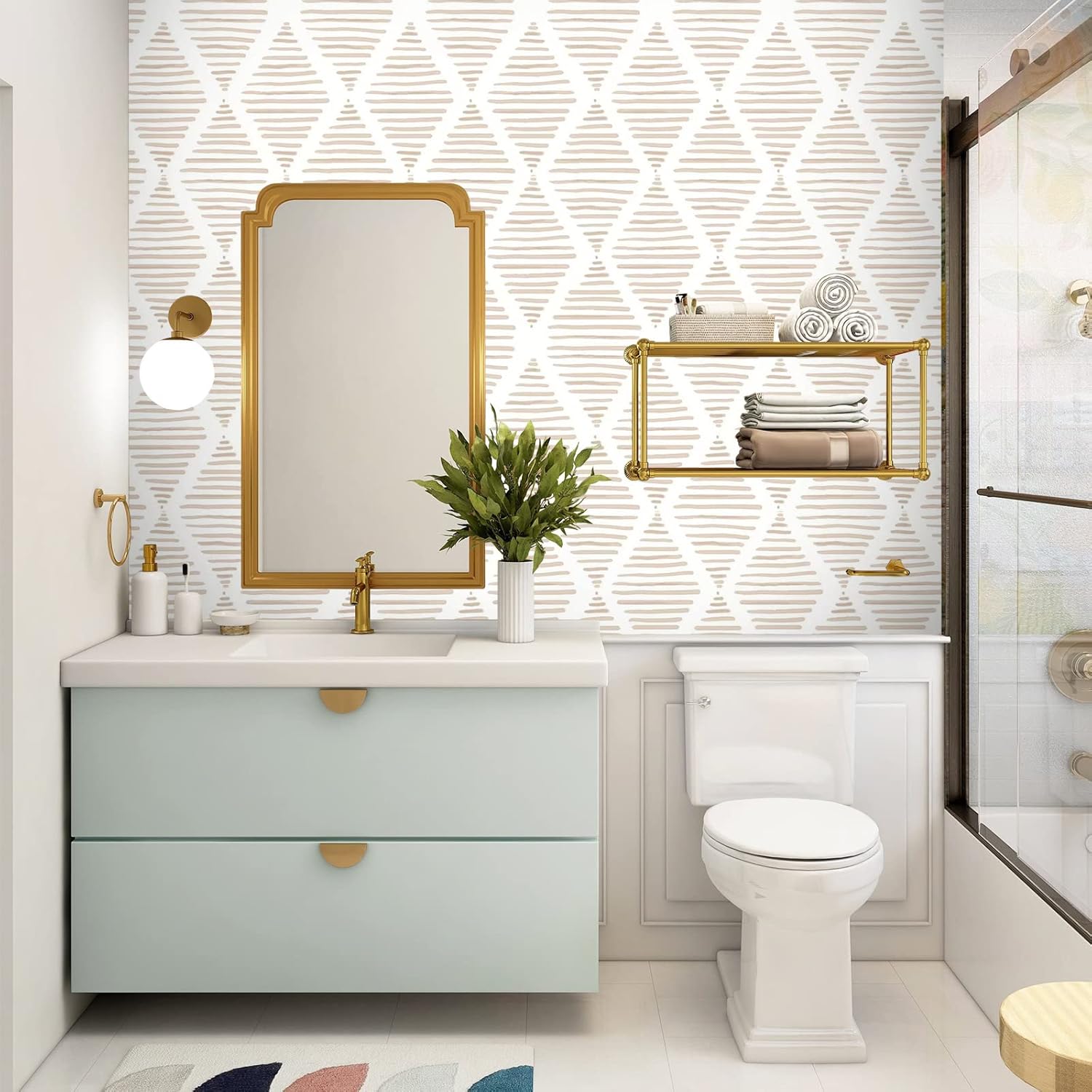 Yun-aeon Papel tapiz de rayas blancas y beige, 17.7 x 240 pulgadas, moderno papel de contacto de diamante geométrico extraíble, papel tapiz