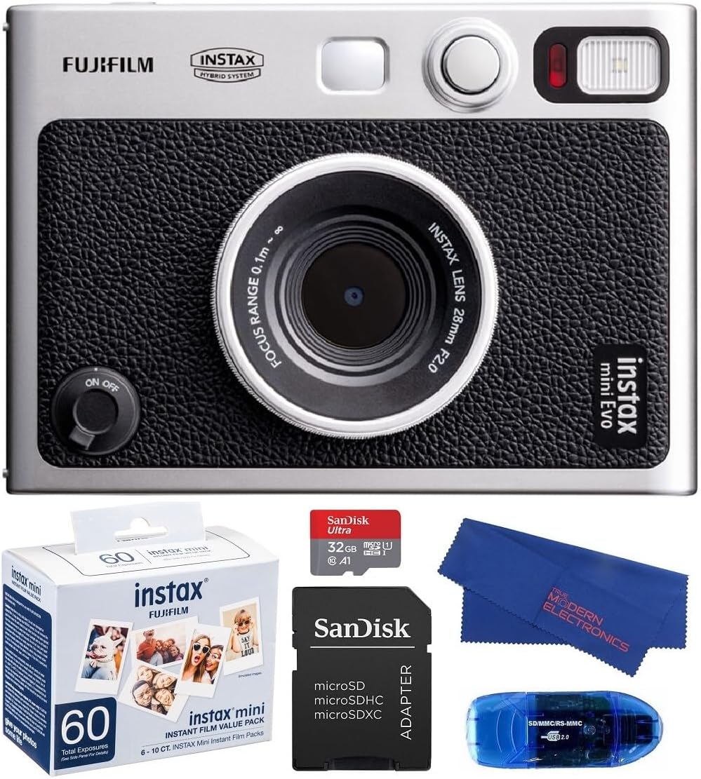 Fujifilm INSTAX Mini EVO Hybrid Instant Camera (negro) Bundle, incluye 60 mini película INSTAX (60 exposiciones), tarjeta de memoria SanDisk 32GB