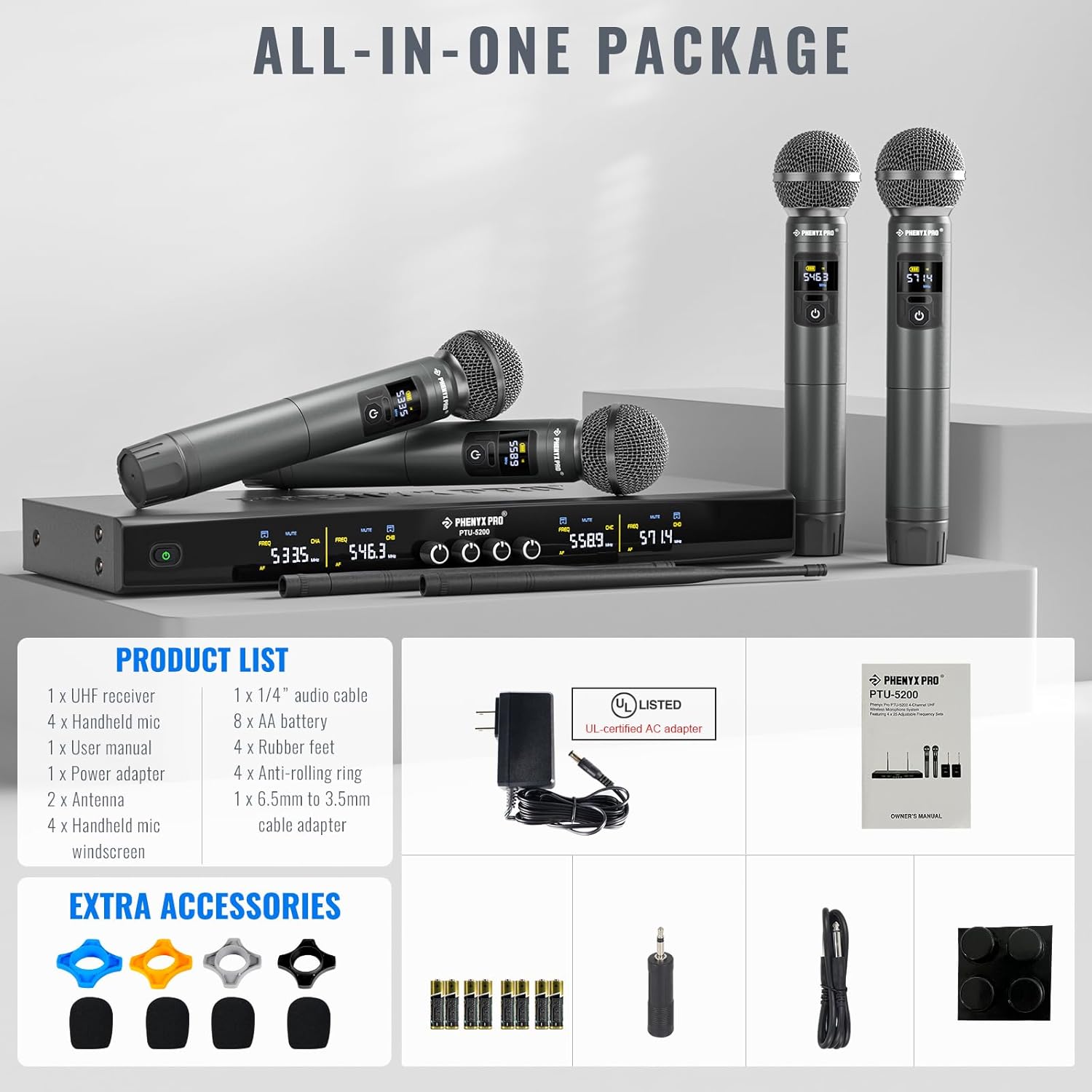 Phenyx Pro Sistema de micrófono inalámbrico, juego de micrófono inalámbrico de metal con 4 micrófonos inalámbricos, frecuencias ajustables UHF de 4