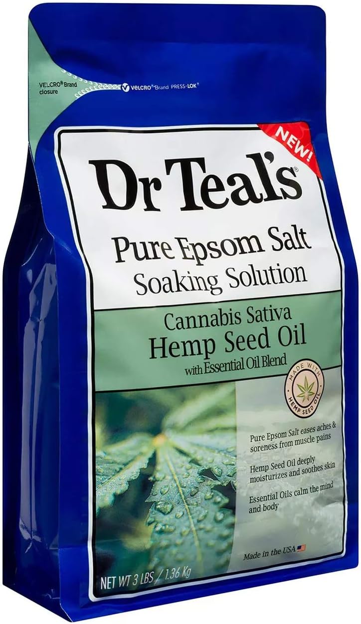 Dr Teal’s Epsom – Set de regalo variado de baño de sal (paquete de 4, 3 libras cada una) – Aceite de semilla de cáñamo de cannabis sativa y sal rosa