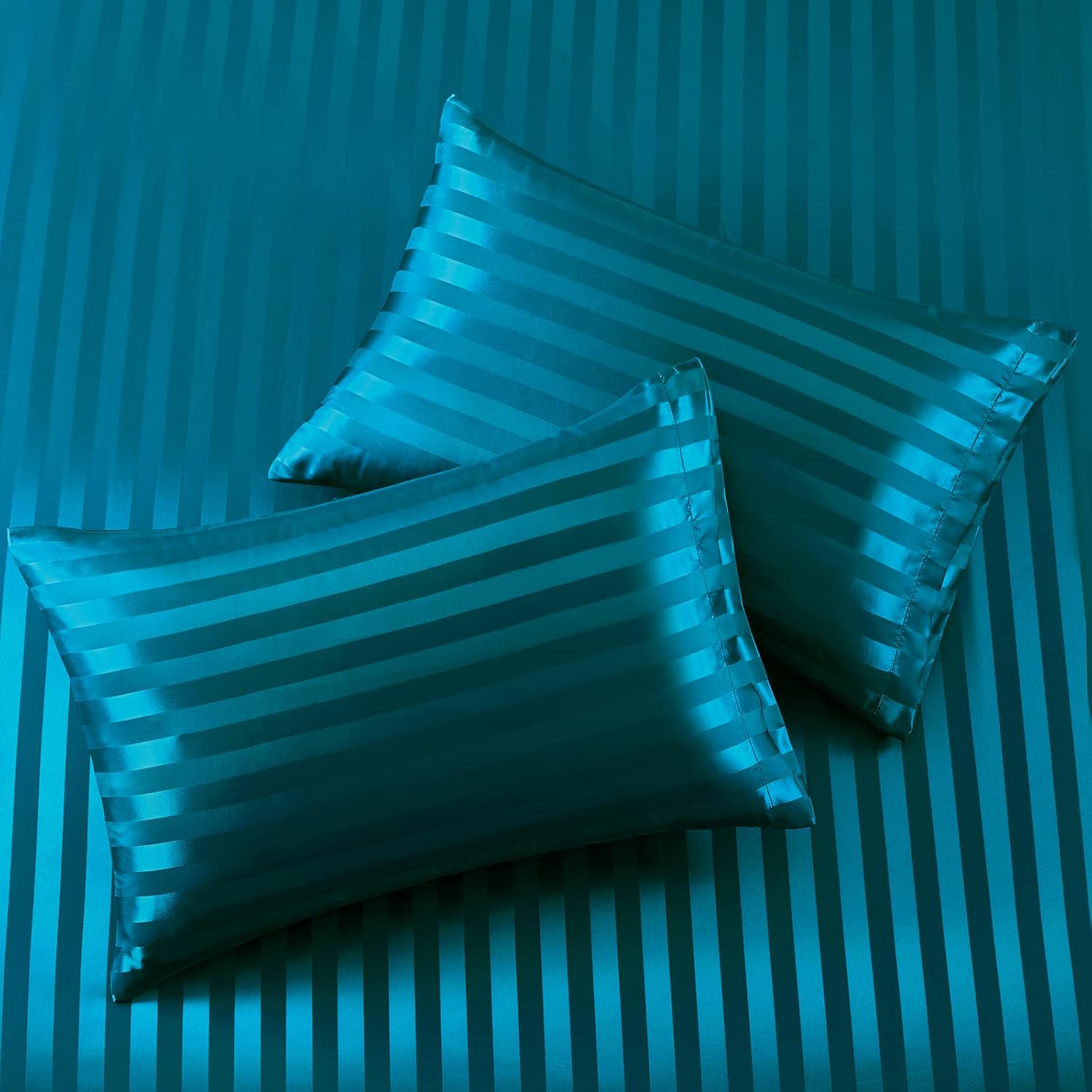 SiinvdaBZX 4 sábanas de satén con estampado a rayas, estilo italiano, sedosas, suaves, de satén verde azulado con bolsillo profundo, 1 sábana