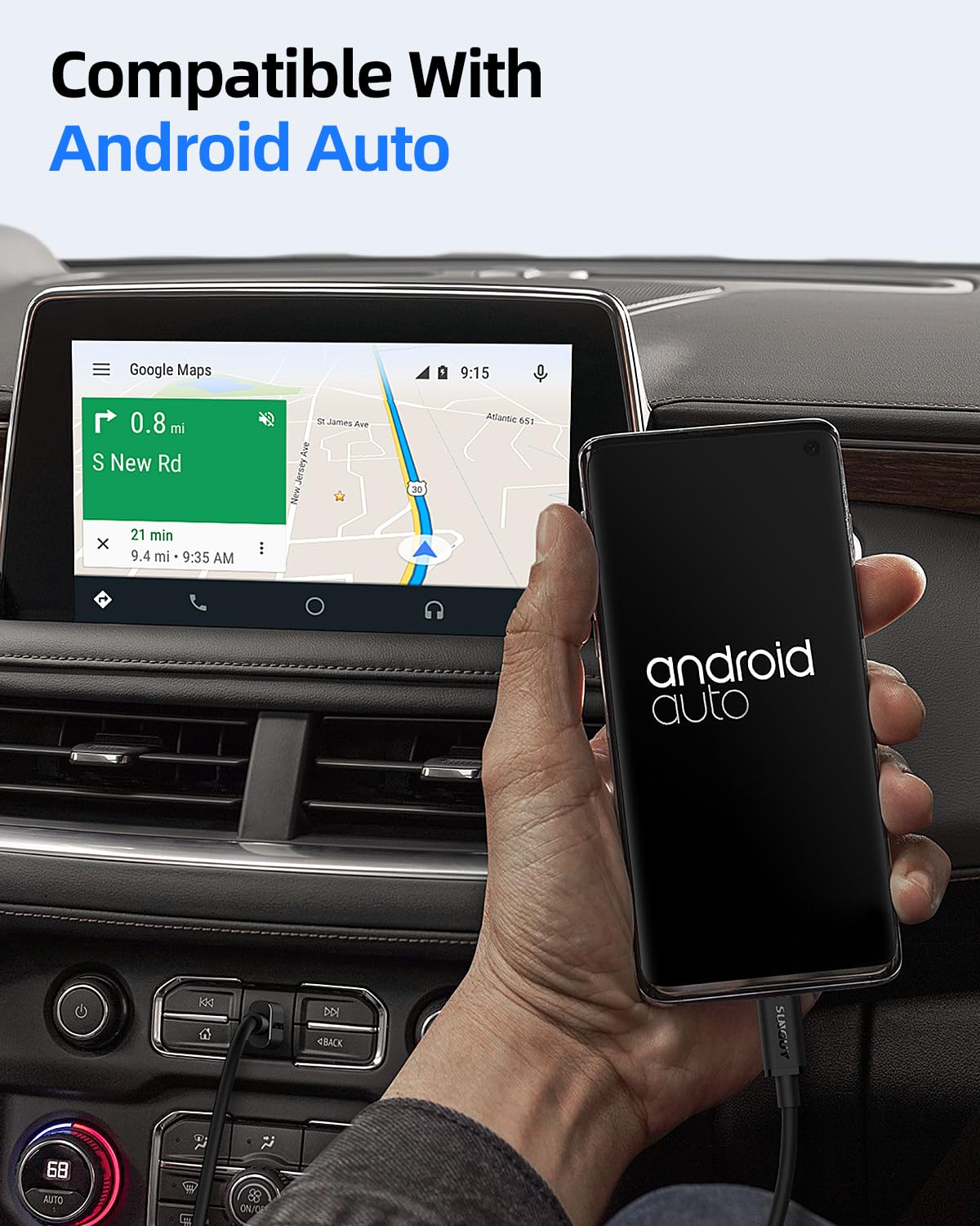 SUNGUY Cable USB C Android Auto de 1.5 pies, transferencia de datos USB C 3.1 Gen 2 de 10 Gbps, cable USB A a USB C CarPlay de carga rápida de 3 A,