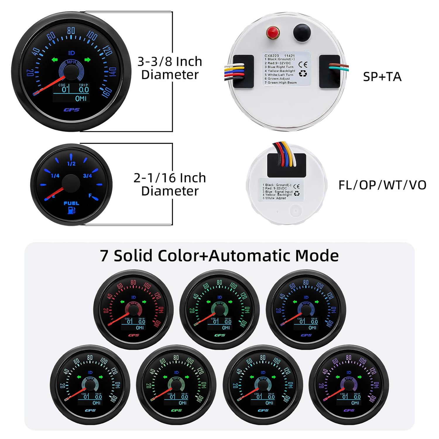 Faymizsa Juego de 6 calibres de 7 colores, velocímetro GPS de 3-38 pulgadas, 160 MPH y tacómetro, medidor de presión de aceite de 2-116 pulgadas,