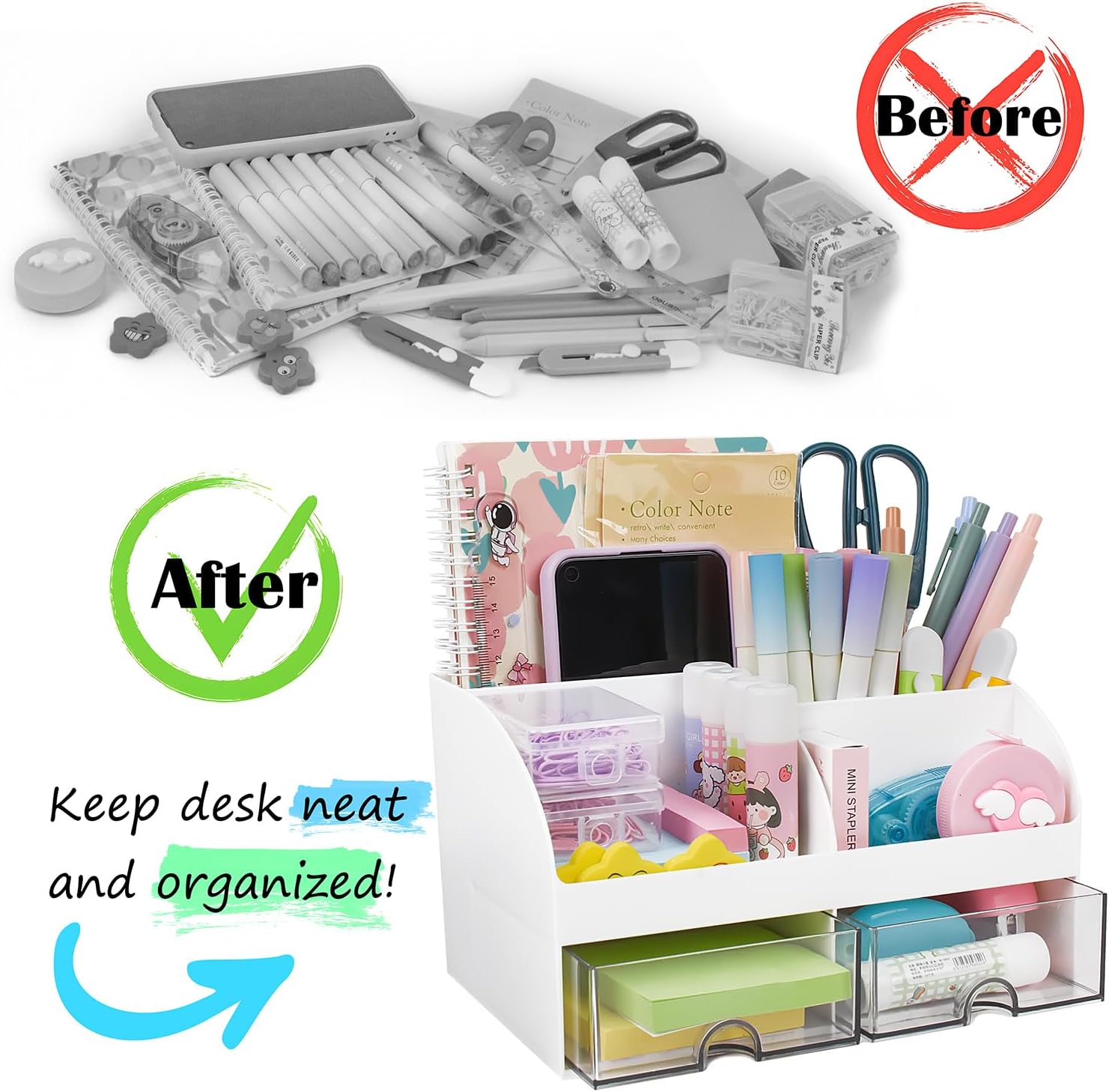 EASTVIO Organizador de escritorio con 2 cajones, soporte multifuncional para lápices, organizador de escritorio y accesorios, caja de almacenamiento