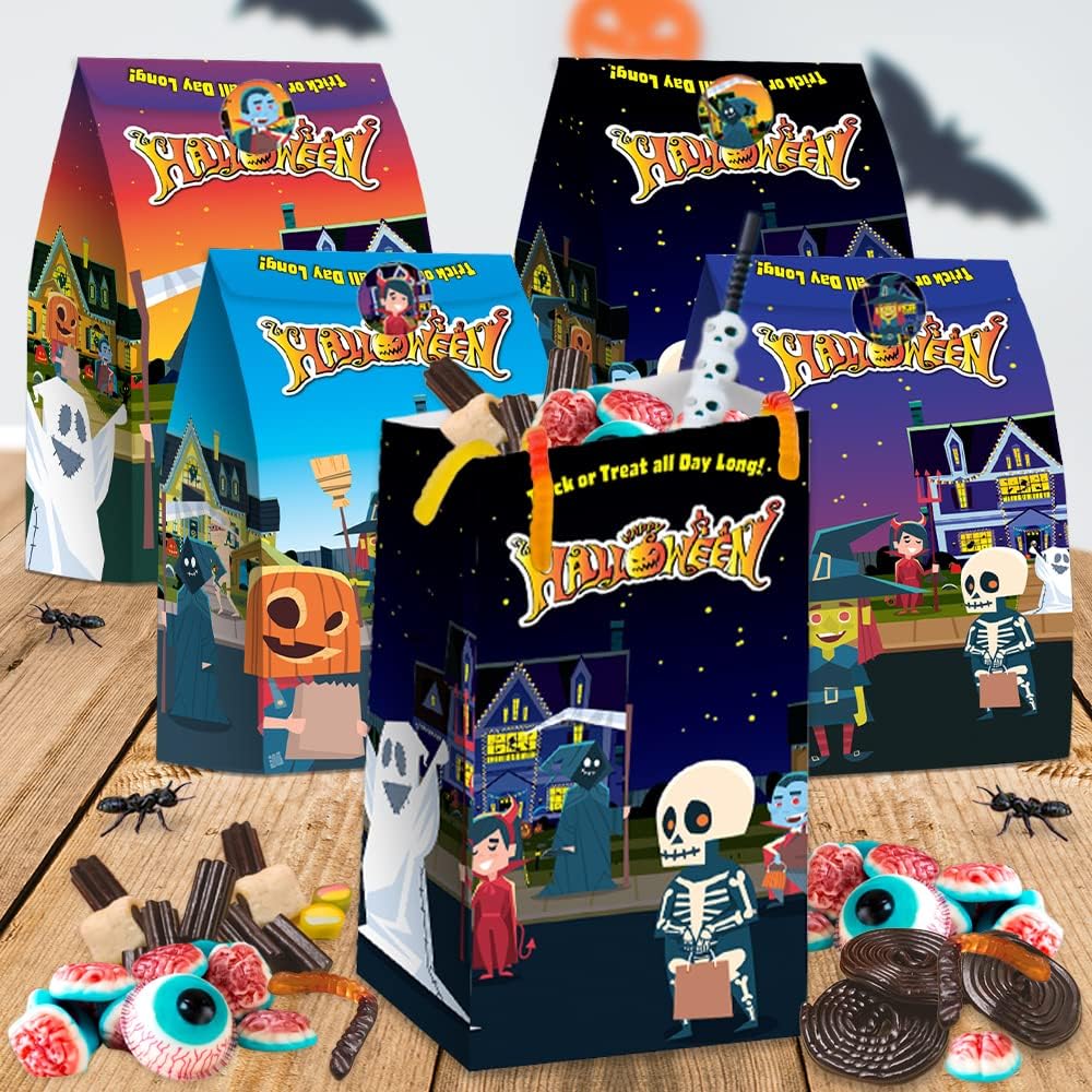 ArtCreativity Bolsas de golosinas de Halloween, juego de 24 bolsas de papel y 24 calcomanías, bolsas de dulces de Halloween de 10 pulgadas con