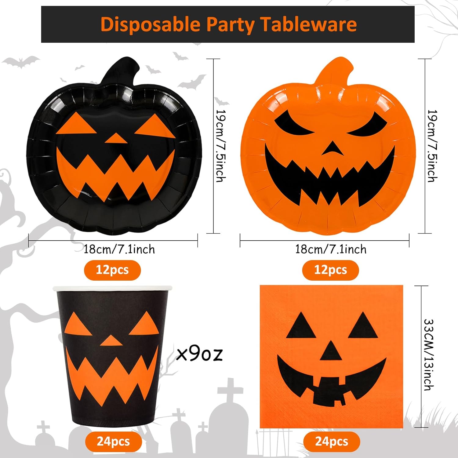 AnyDesign – Juego de vajilla para fiesta de Halloween, platos de papel con temática de calabaza naranja y negra, tazas, servilletas, vajilla