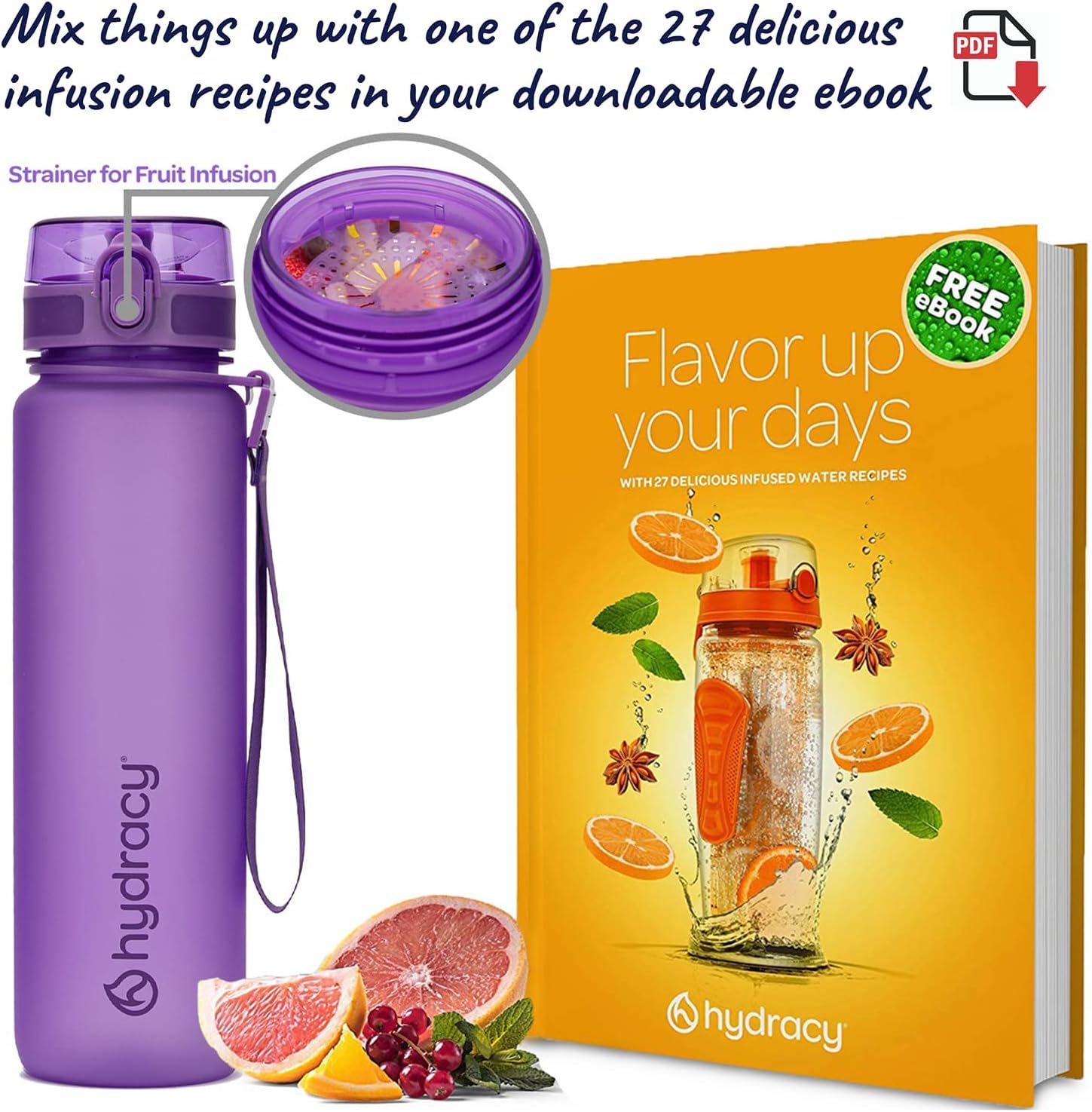 Hydracy Botella de agua con marcador de tiempo, botella de agua grande sin BPA y funda sin sudor, botella de gimnasio a prueba de fugas con infusor