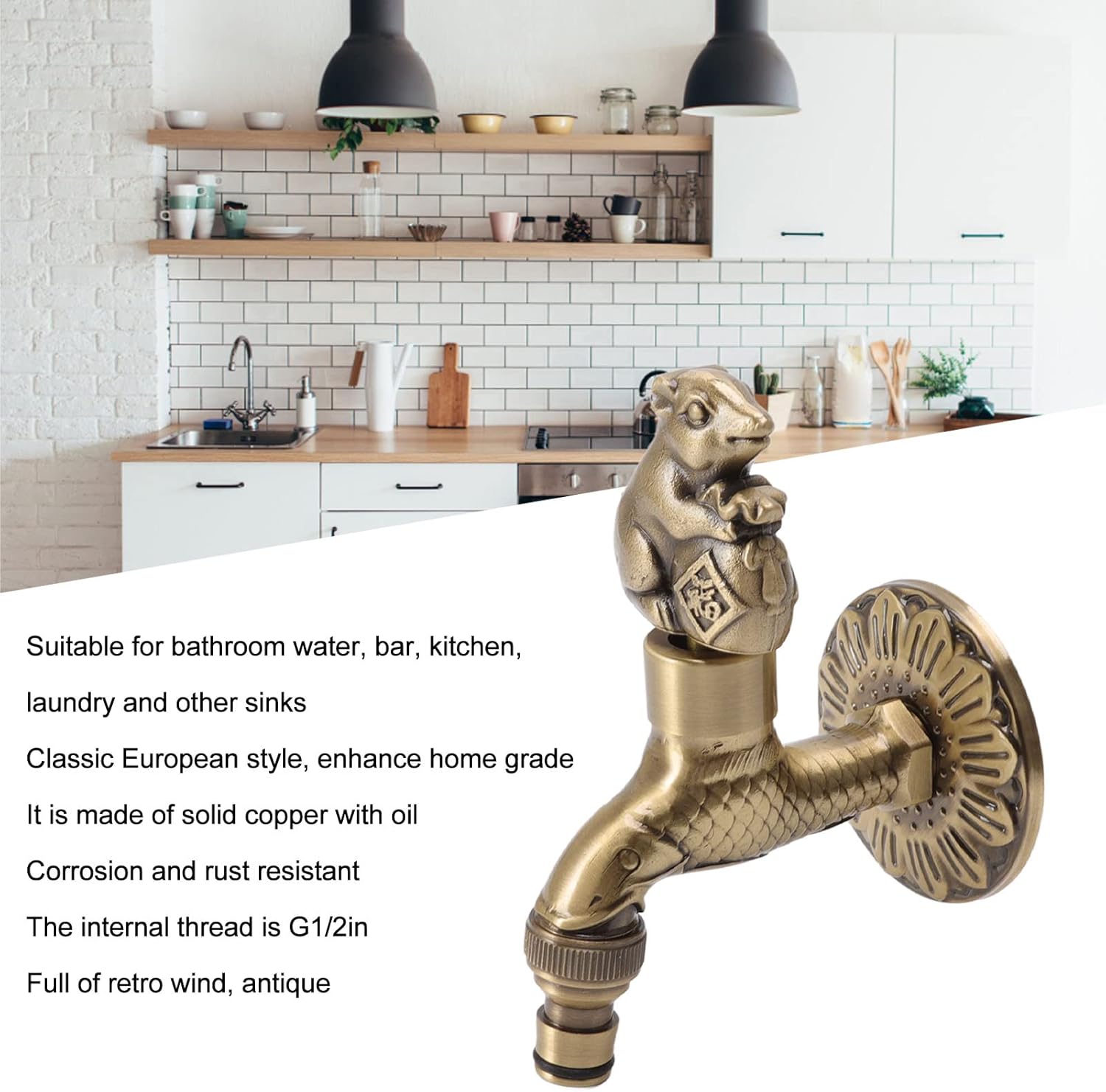 Tissting Grifo de agua montado en la pared G12, material de latón, diseño vintage de dragón chino, grifo de cocina, grifo de lavadora, grifo de