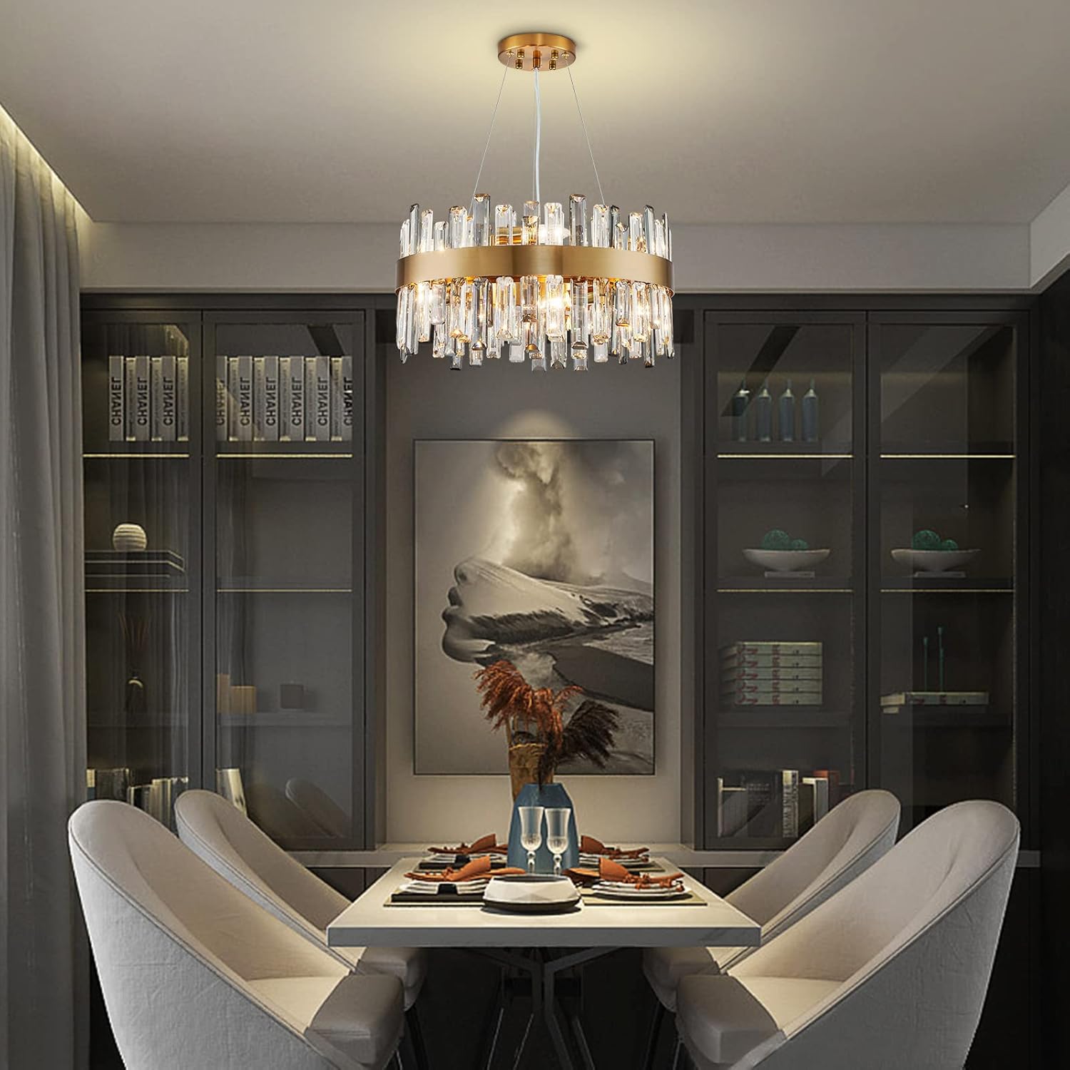 NOXARTE Candelabro redondo de cristal de lujo de 19.7 pulgadas, lámpara colgante moderna con alambre ajustable, lámpara dorada para comedor, sala de