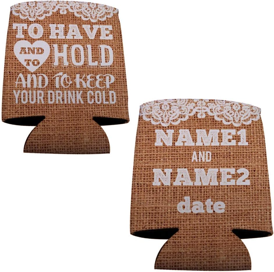 VictoryStore Enfriadores de latas y bebidas arpillera rústica personalizada para tener y sostener enfriadores de latas de boda (150)