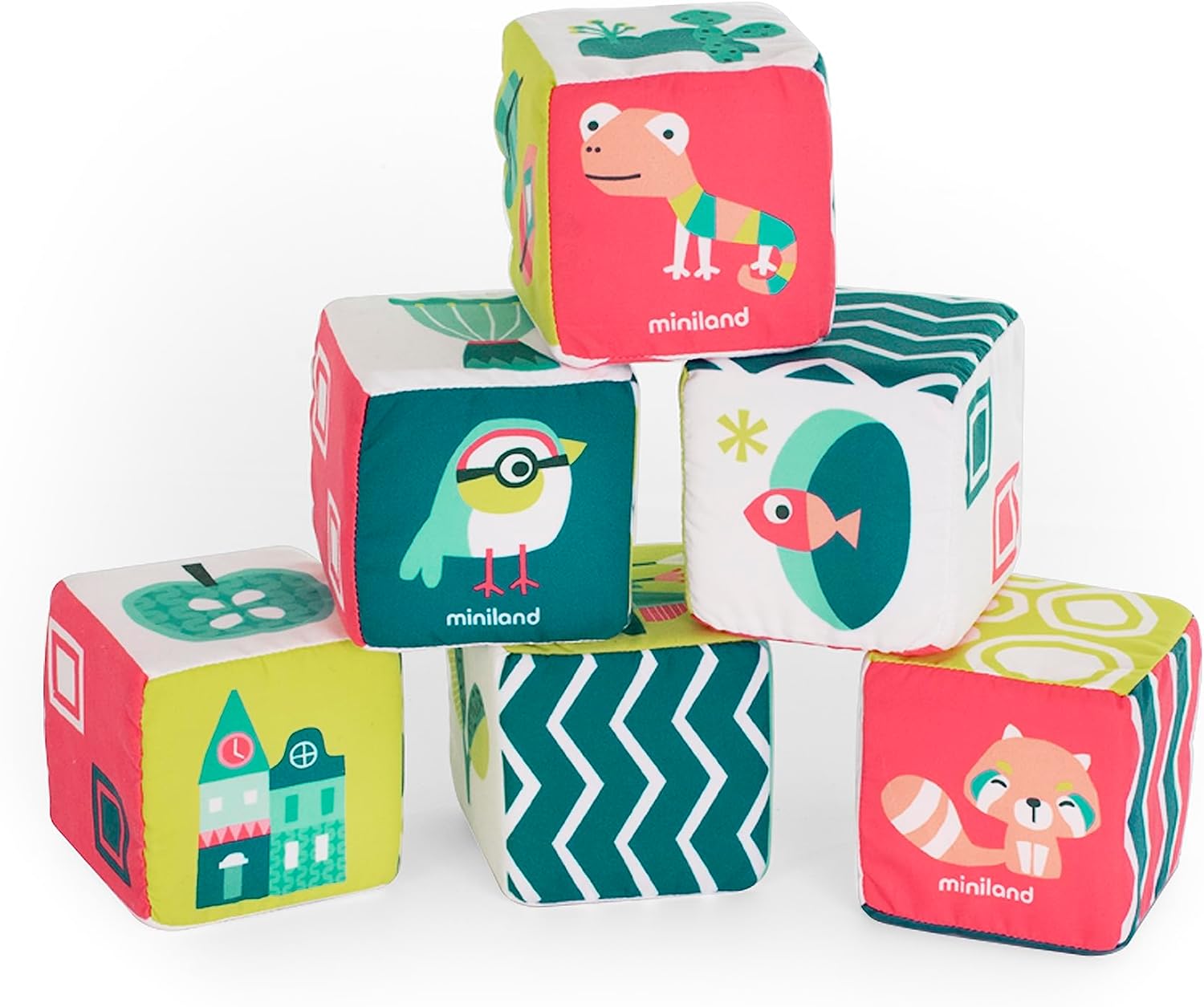 Miniland Feel to Learn – Juego de cubos de sonajero suaves para niños, bebés, apilables, suaves, multicolor