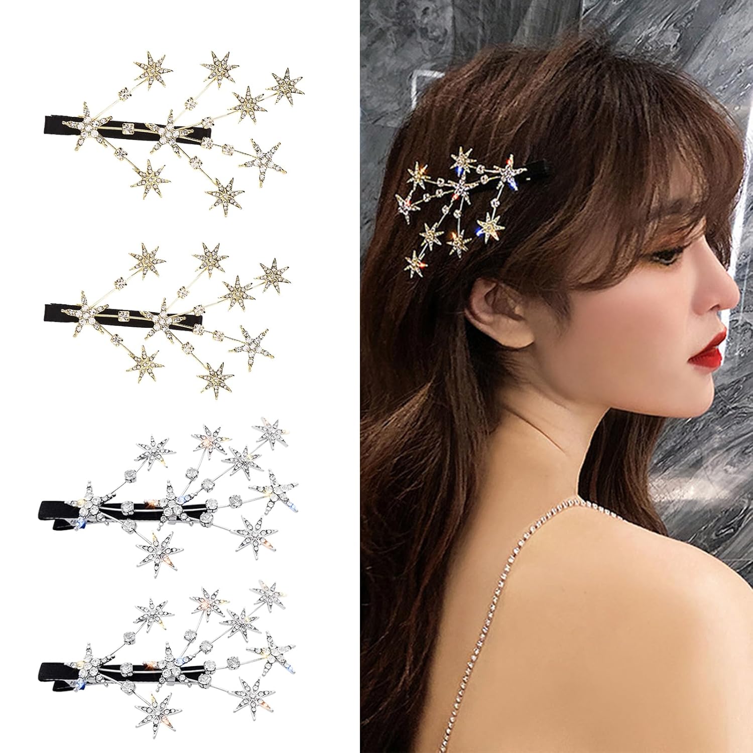 auwiyd 4 pinzas para el cabello con diseño de estrellas de cristal, diamantes de imitación de lujo de cinco puntas, accesorios para el cabello para