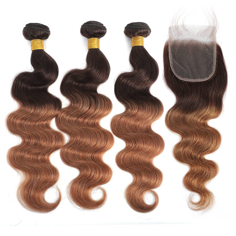 Paquetes de cabello humano ondulado con cierre, cabello humano de 2 tonos degradados, 3 paquetes con cierre de encaje 4×4, paquete de cabello humano