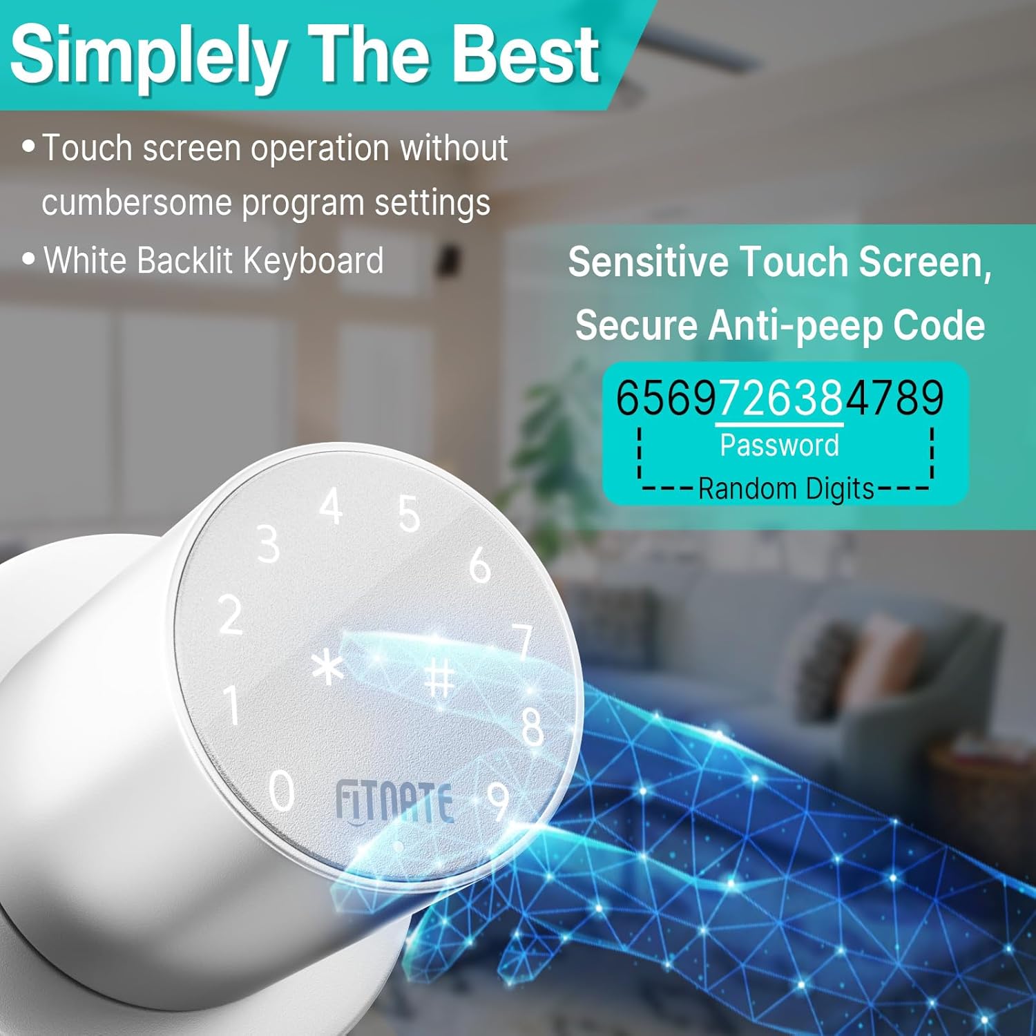 FITNATE Pomo de puerta de teclado, cerradura de puerta de entrada sin llave con pantalla táctil, perilla electrónica con teclado, bloqueo